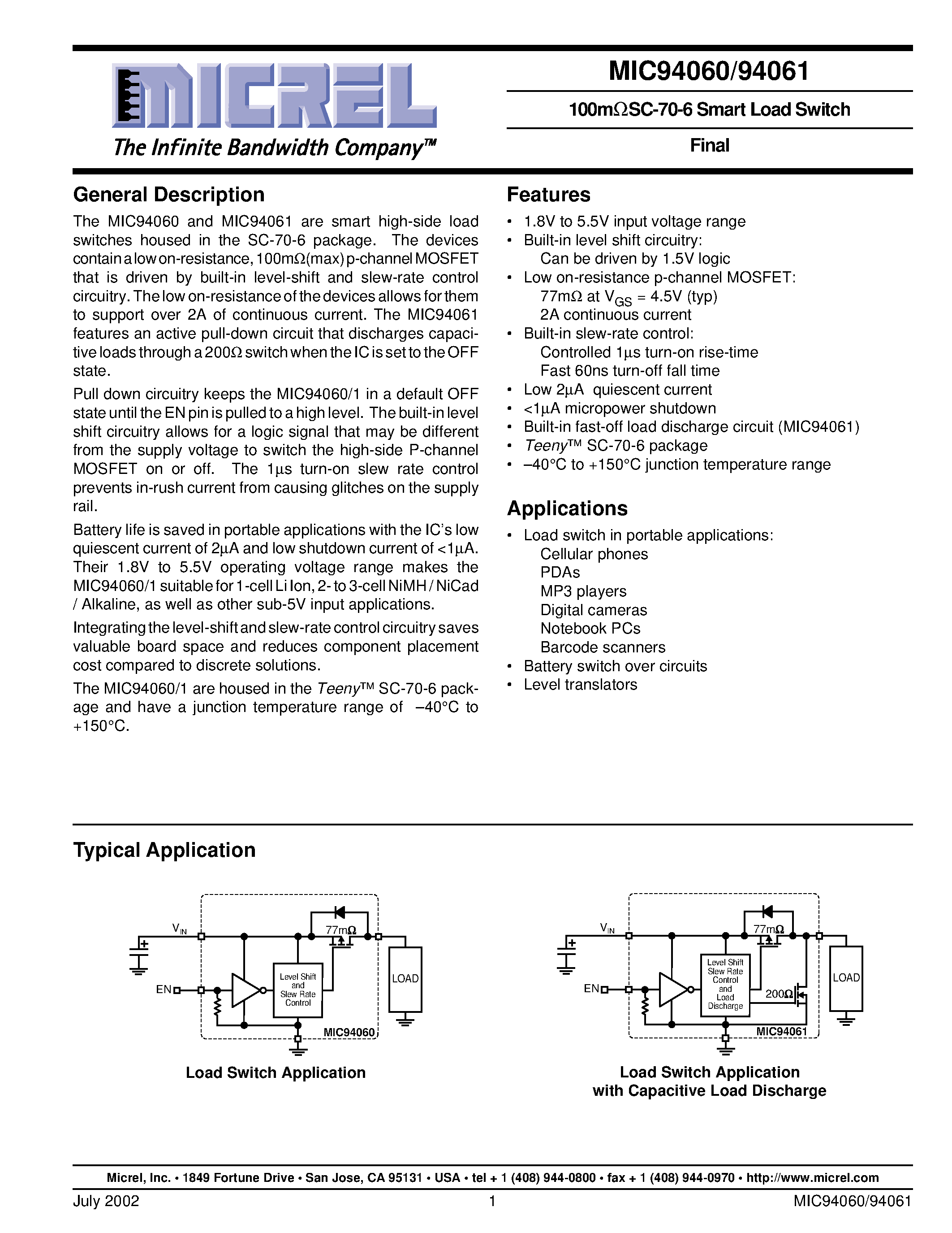 Datasheet MIC94061BC6 - 100m SC-70-6 Smart Load Switch page 1