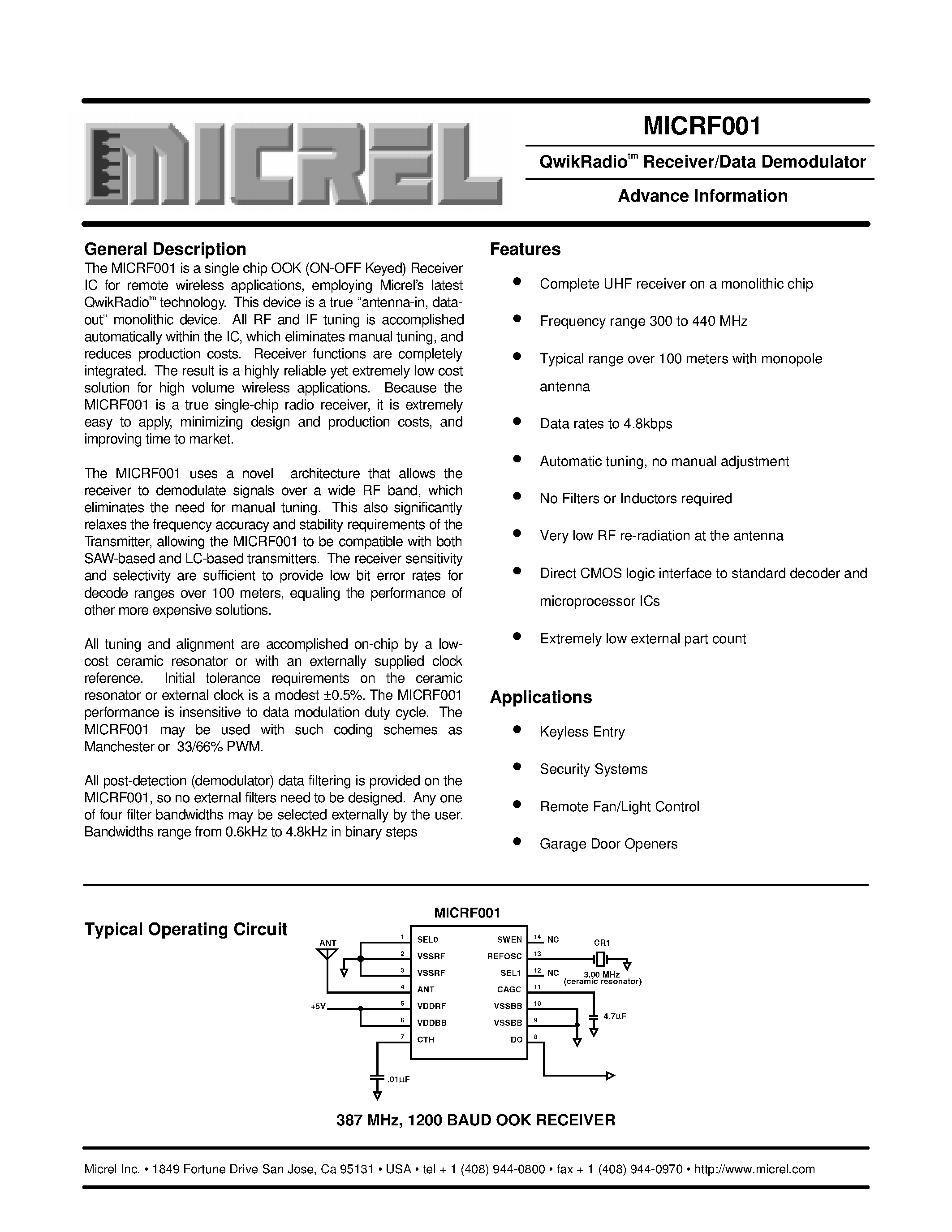 Datasheet MICRF001BM - QwikRadiotm Receiver/Data Demodulator Advance Information page 1