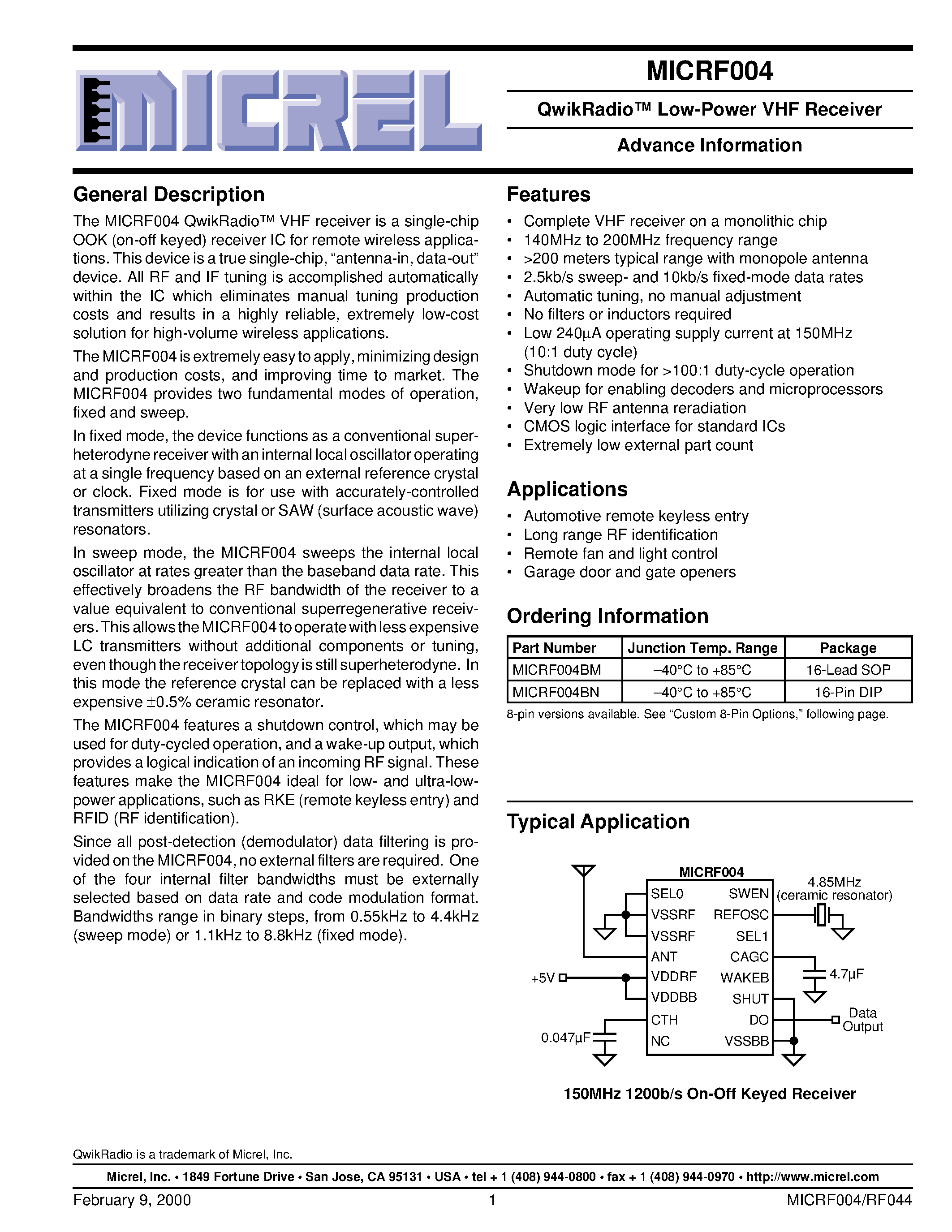 Datasheet MICRF004BN - QwikRadio Low-Power VHF Receiver Advance Information page 1