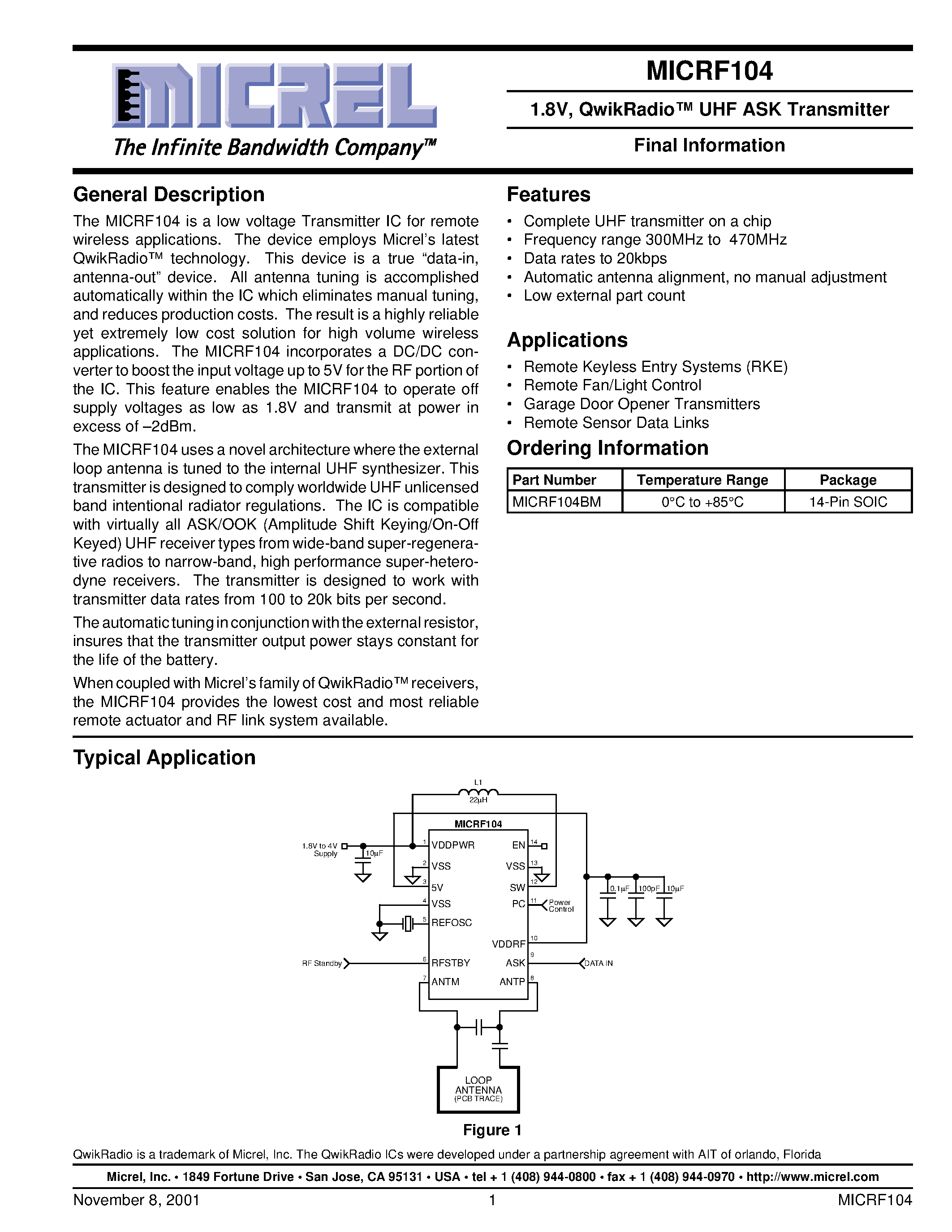 Datasheet MICRF104 - 1.8V/ QwikRadio UHF ASK Transmitter page 1