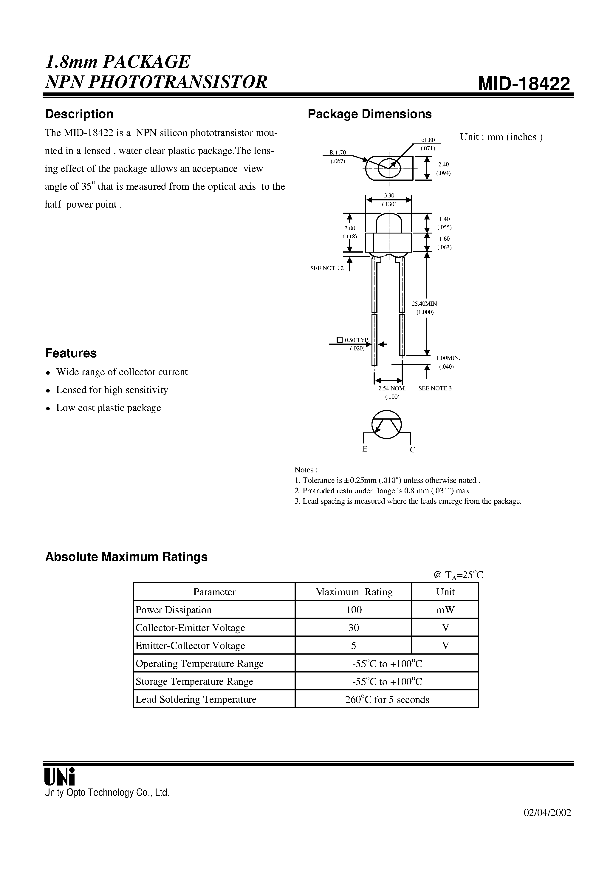 Datasheet MID-18422 - 1.8mm PACKAGE NPN PHOTOTRANSISTOR page 1