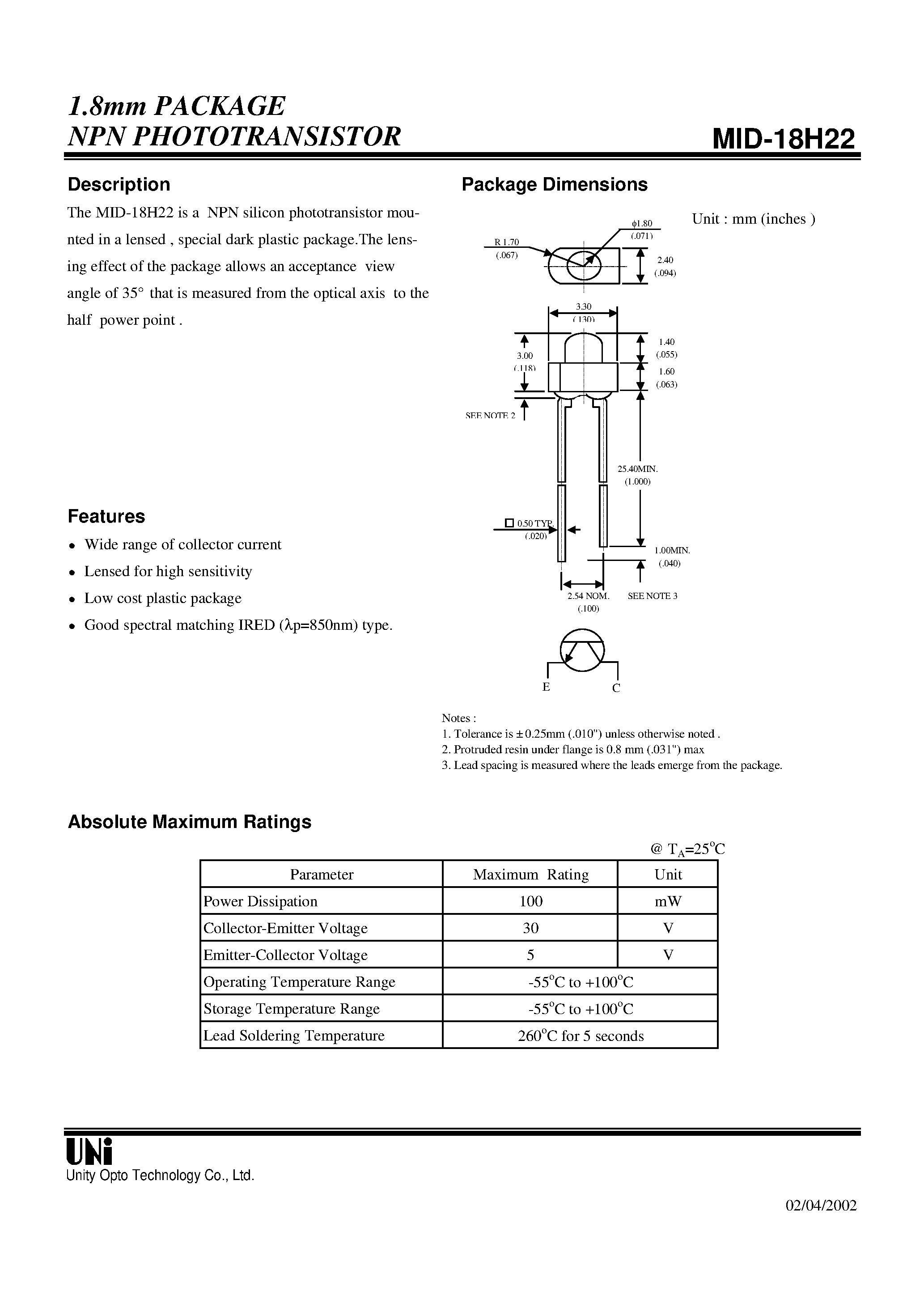 Datasheet MID-18H22 - 1.8mm PACKAGE NPN PHOTOTRANSISTOR page 1