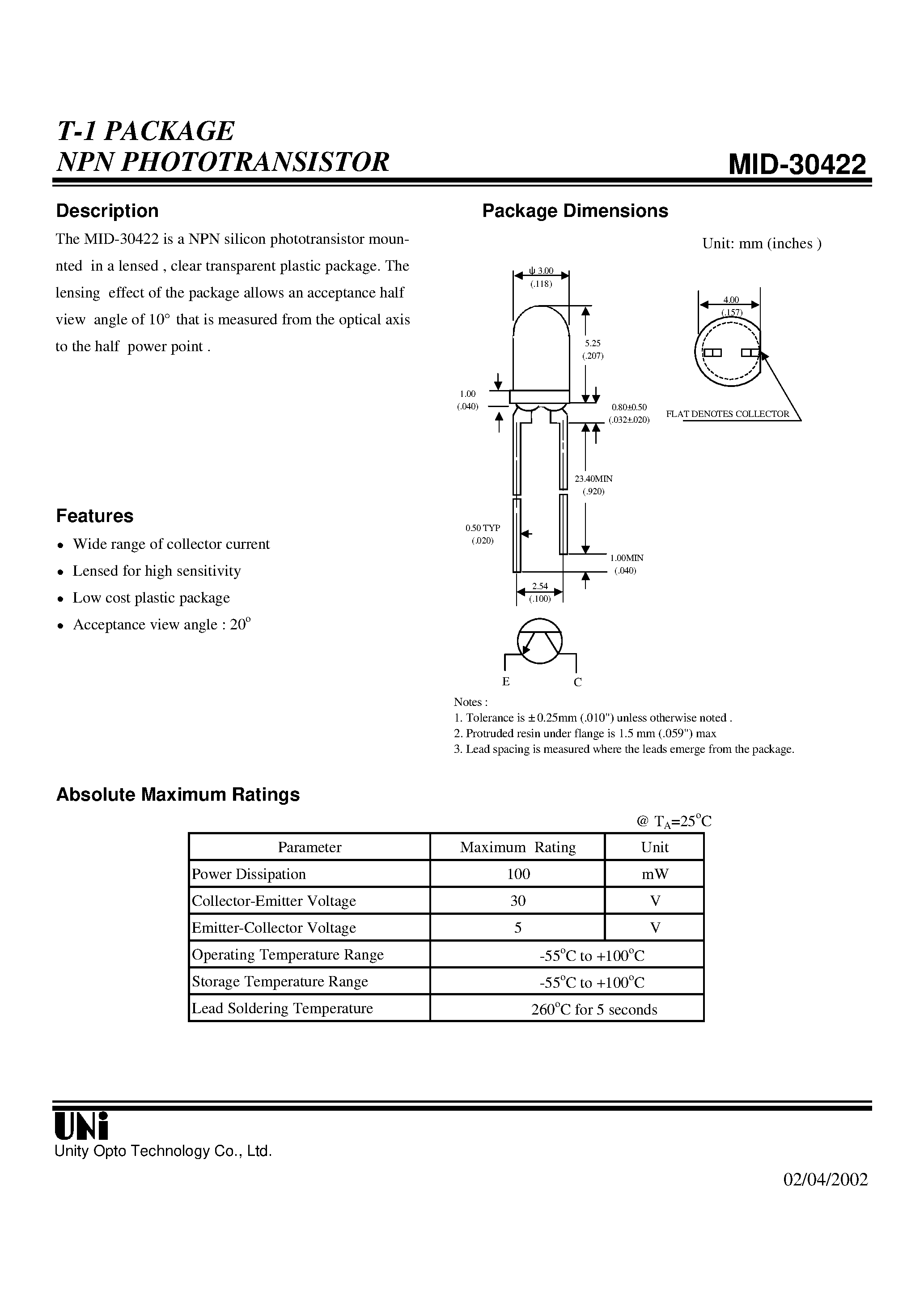 Даташит на микросхему MID-30422 страница 1 Даташит MID-30422 - T-1 PACKAGE NPN PHOTOTRANSISTOR страница 1