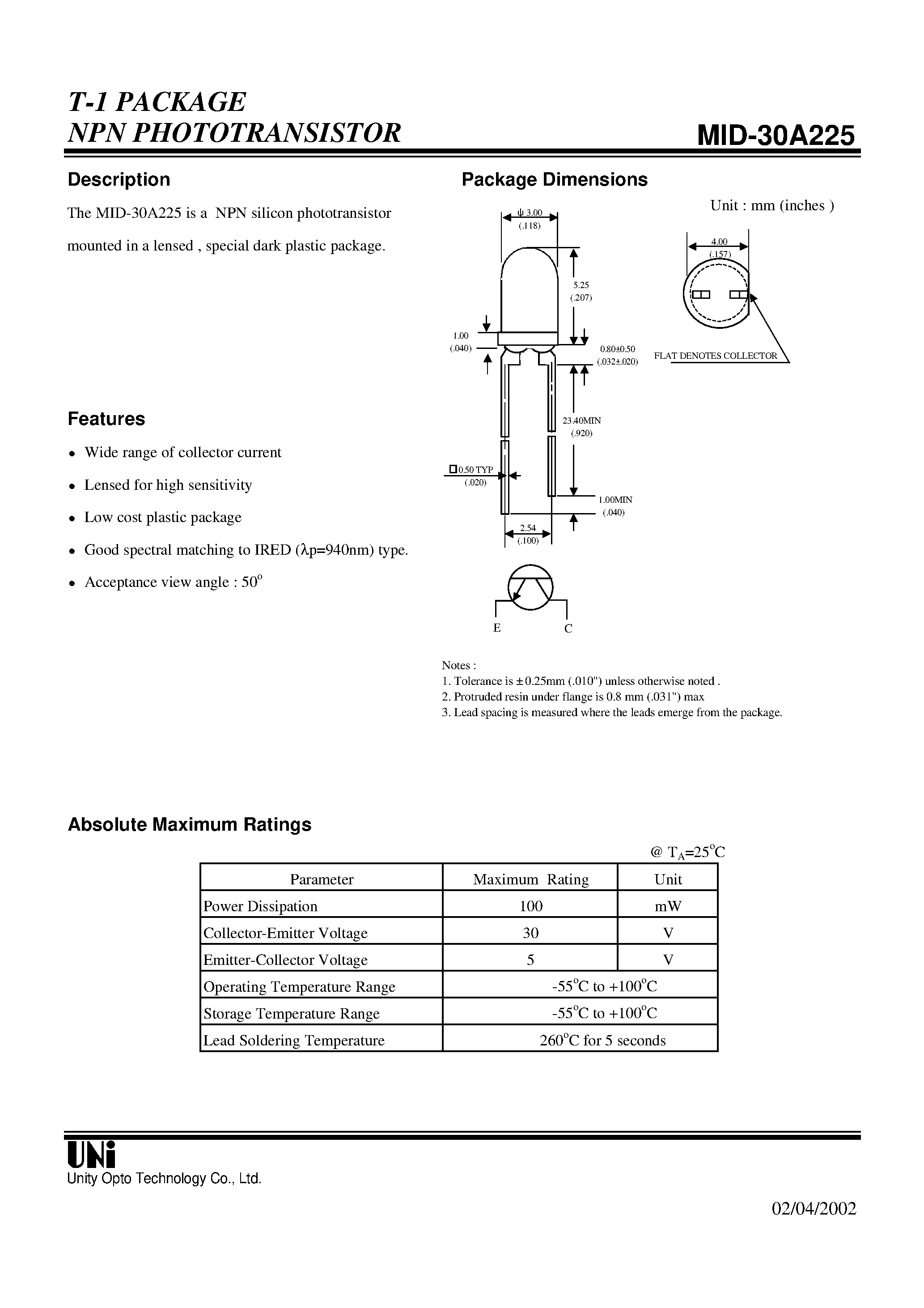 Даташит MID-30A225 - T-1 PACKAGE NPN PHOTOTRANSISTOR страница 1