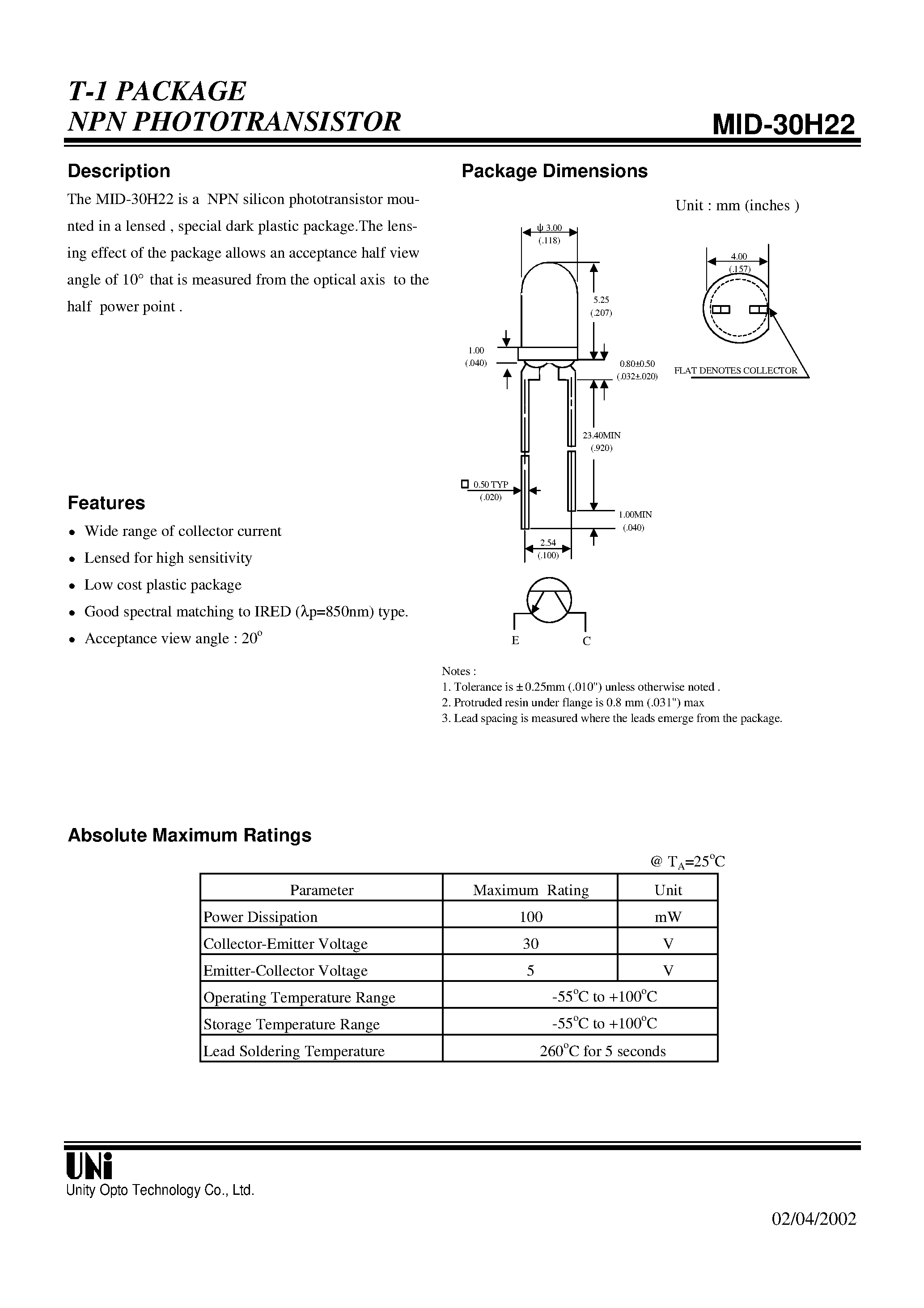 Даташит на микросхему MID-30H22 страница 1 Даташит MID-30H22 - T-1 PACKAGE NPN PHOTOTRANSISTOR страница 1