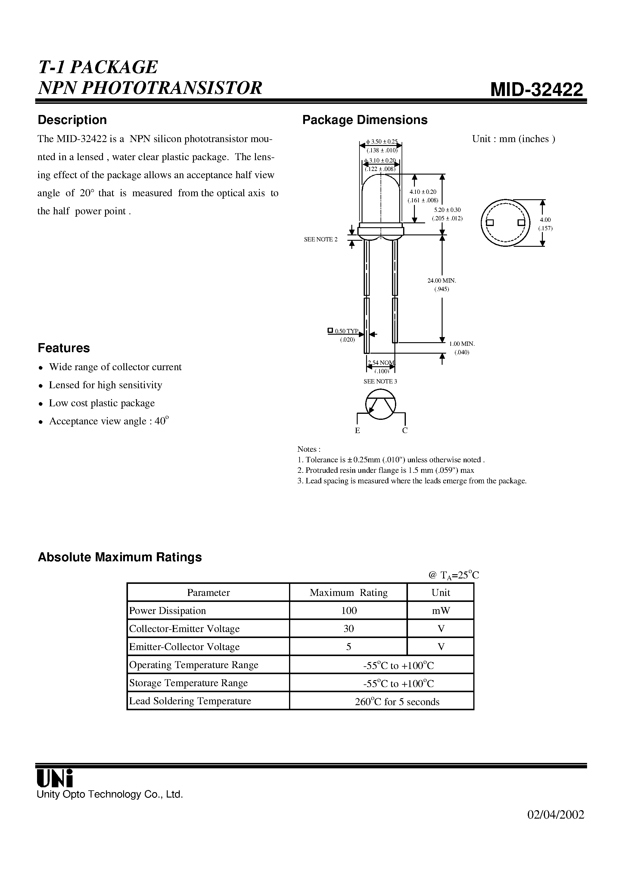Даташит MID-32422 - T-1 PACKAGE NPN PHOTOTRANSISTOR страница 1