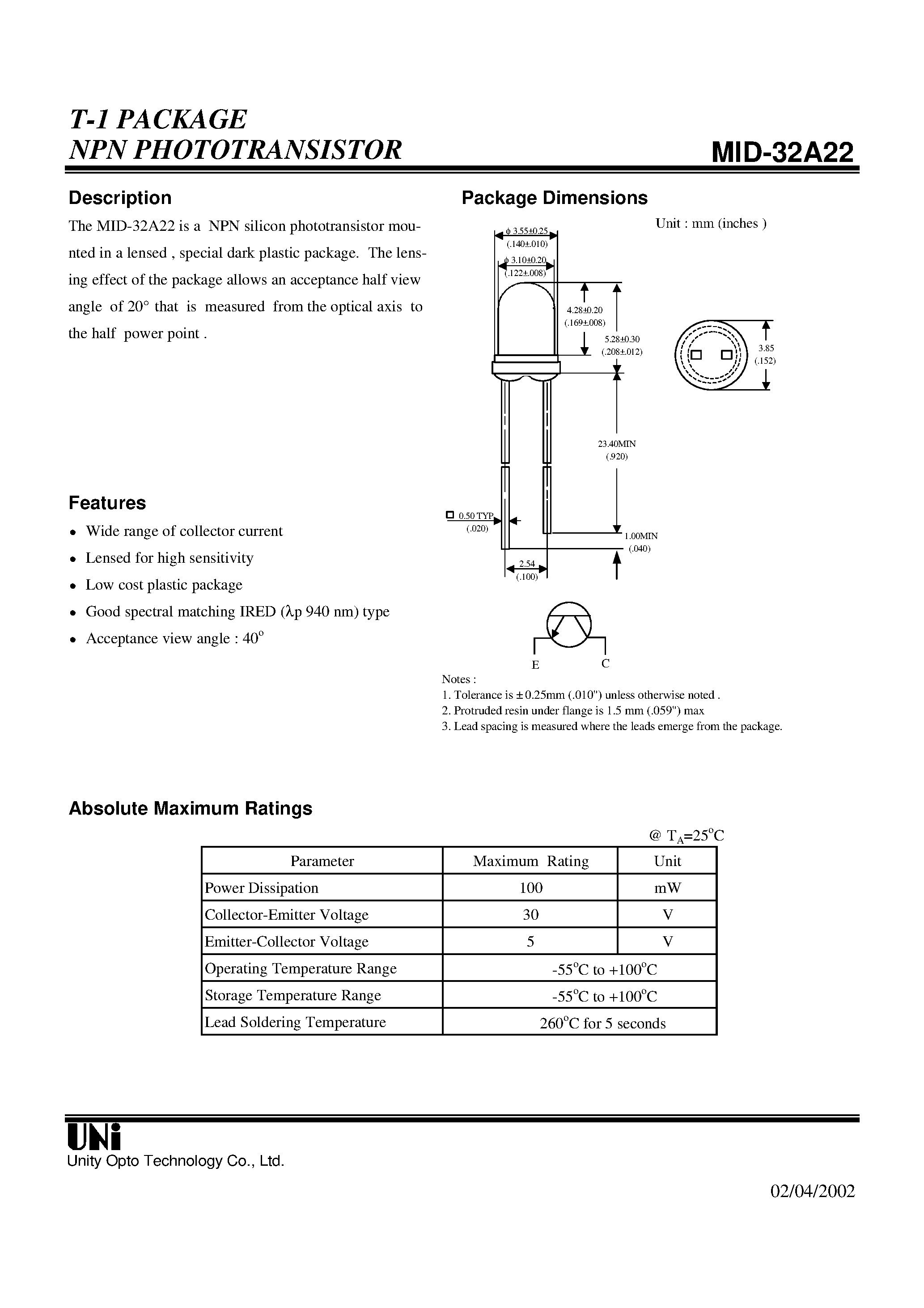 Даташит MID-32A22 - T-1 PACKAGE NPN PHOTOTRANSISTOR страница 1