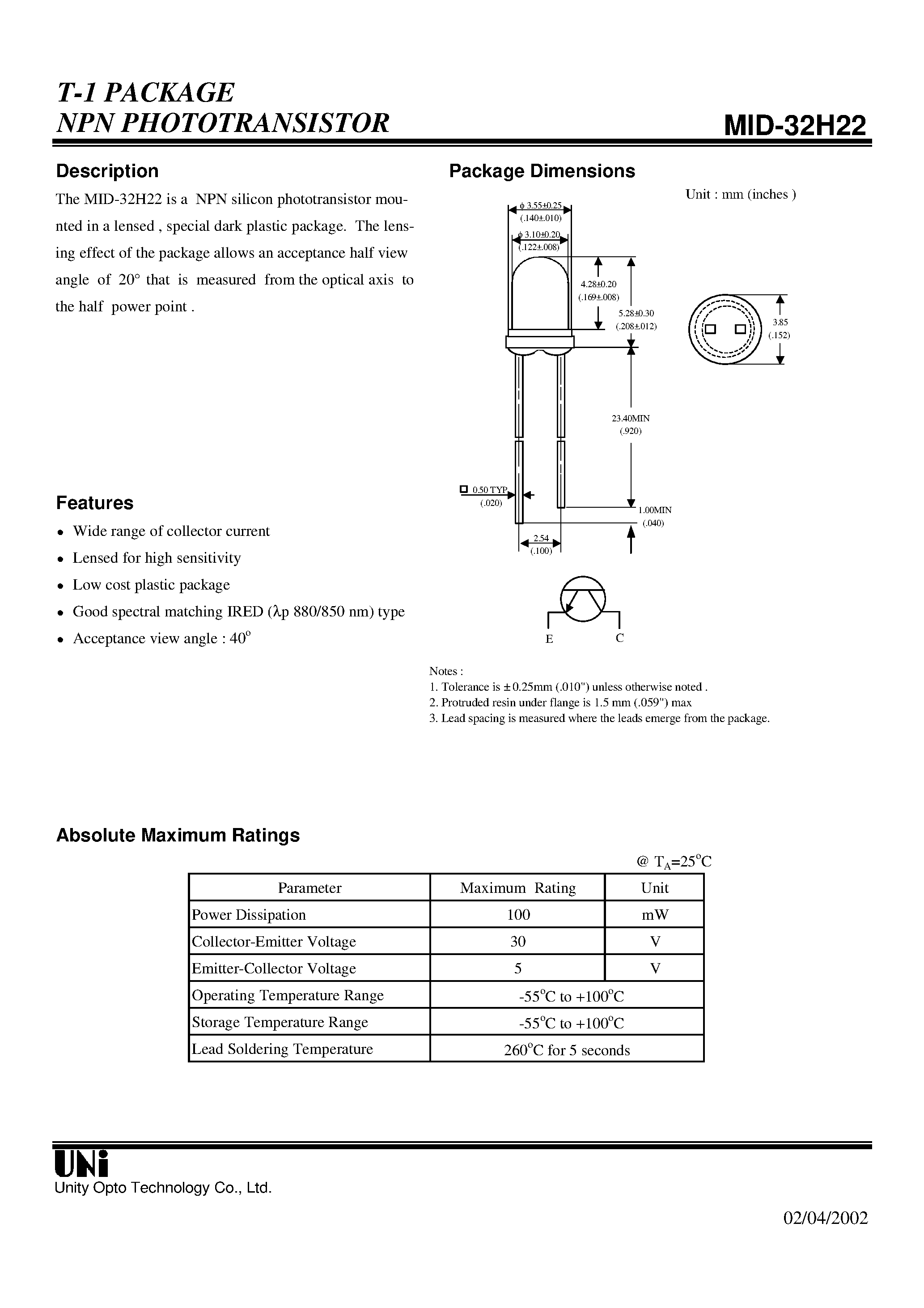 Даташит на микросхему MID-32H22 страница 1 Даташит MID-32H22 - T-1 PACKAGE NPN PHOTOTRANSISTOR страница 1