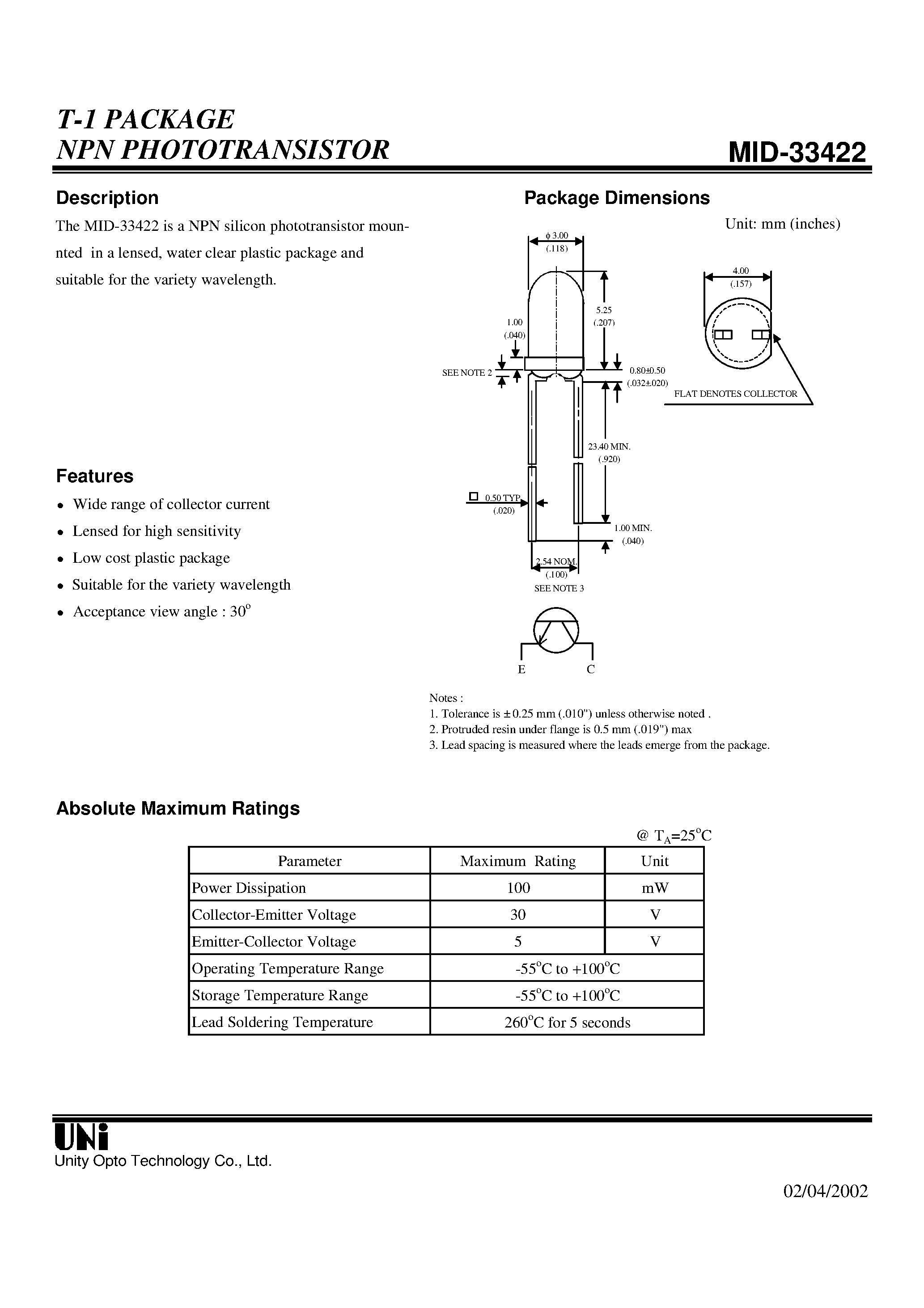Даташит на микросхему MID-33422 страница 1 Даташит MID-33422 - T-1 PACKAGE NPN PHOTOTRANSISTOR страница 1