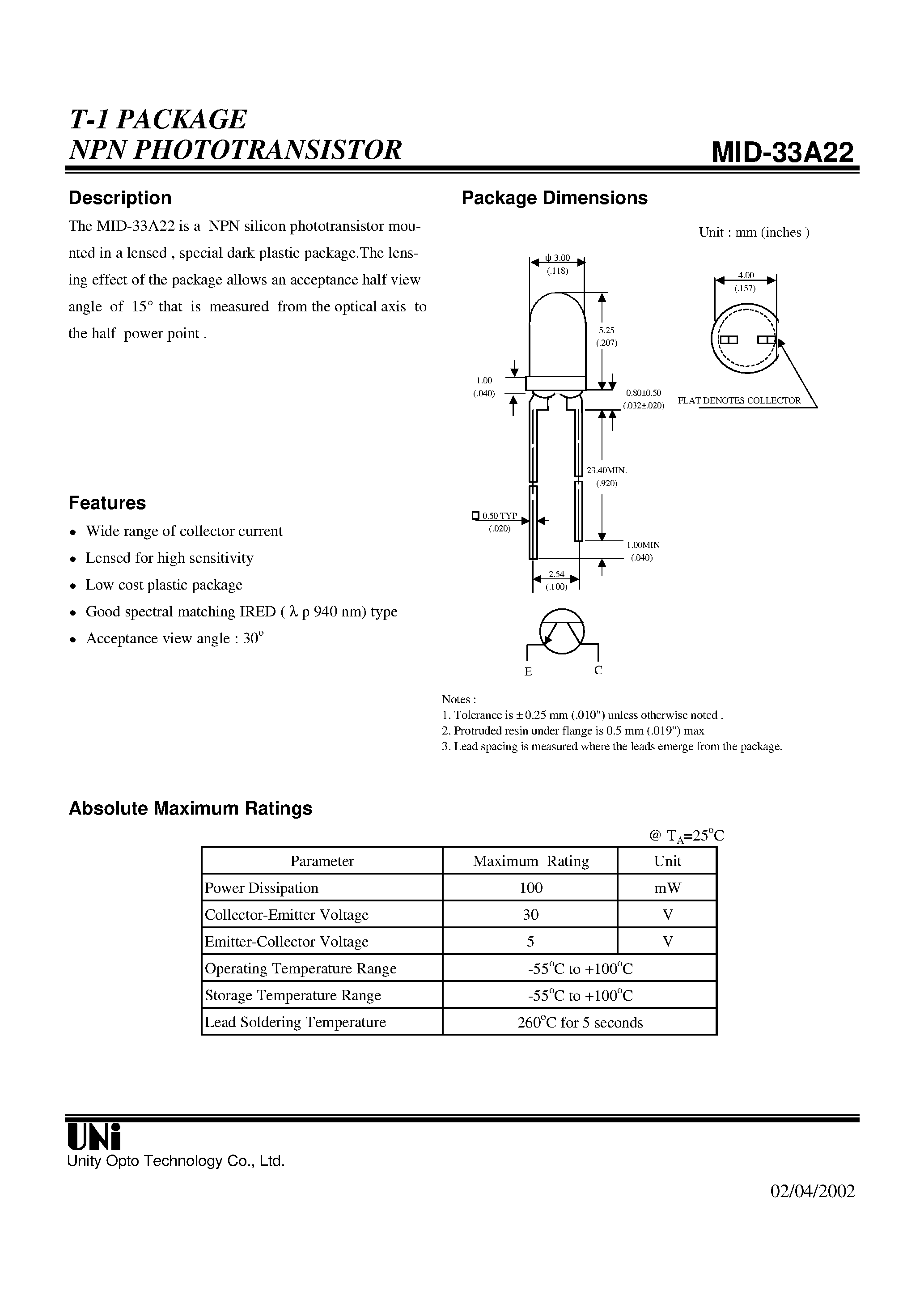 Даташит MID-33A22 - T-1 PACKAGE NPN PHOTOTRANSISTOR страница 1
