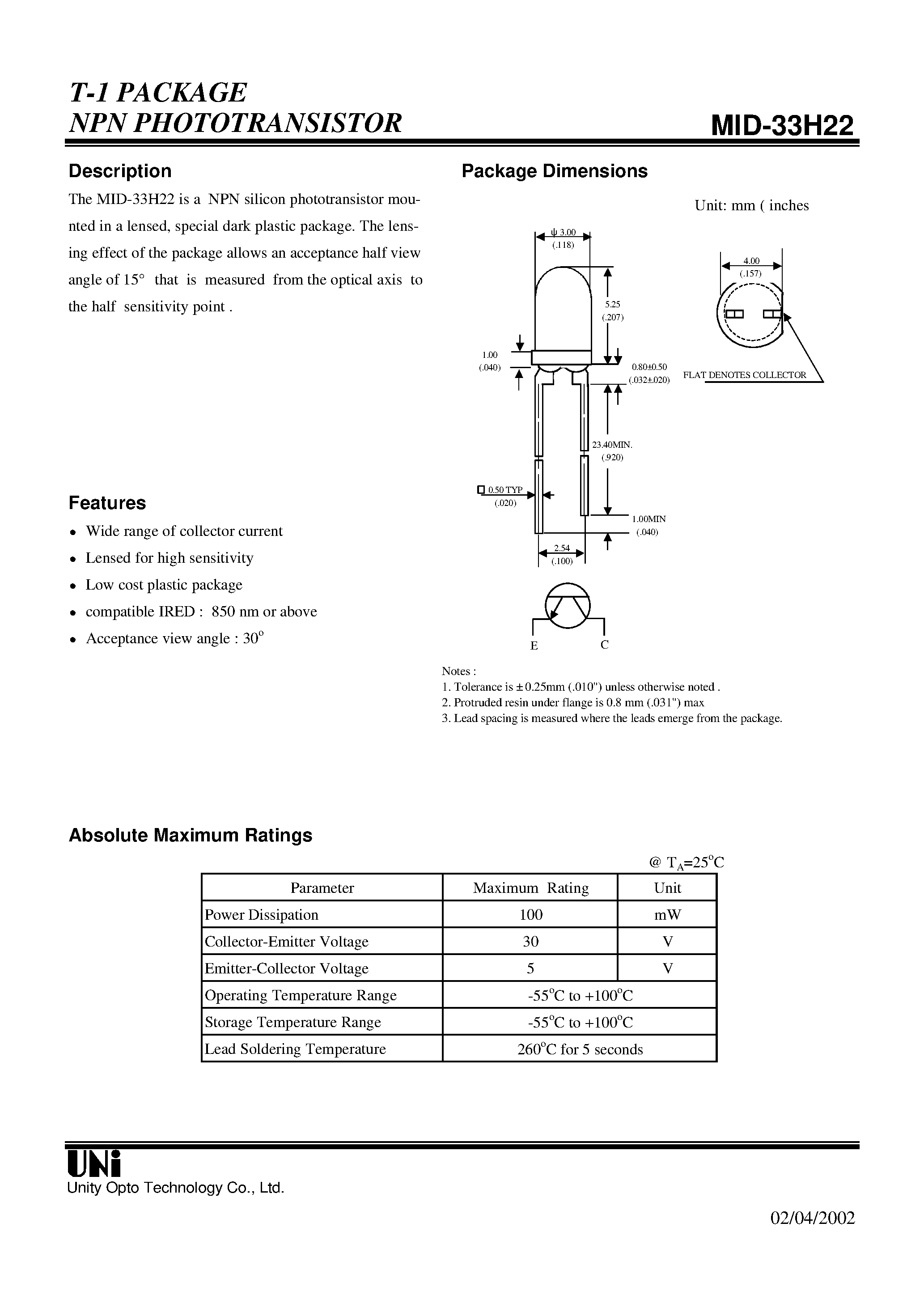 Datasheet MID-33H22 page 1 Datasheet MID-33H22 - T-1 PACKAGE NPN PHOTOTRANSISTOR page 1