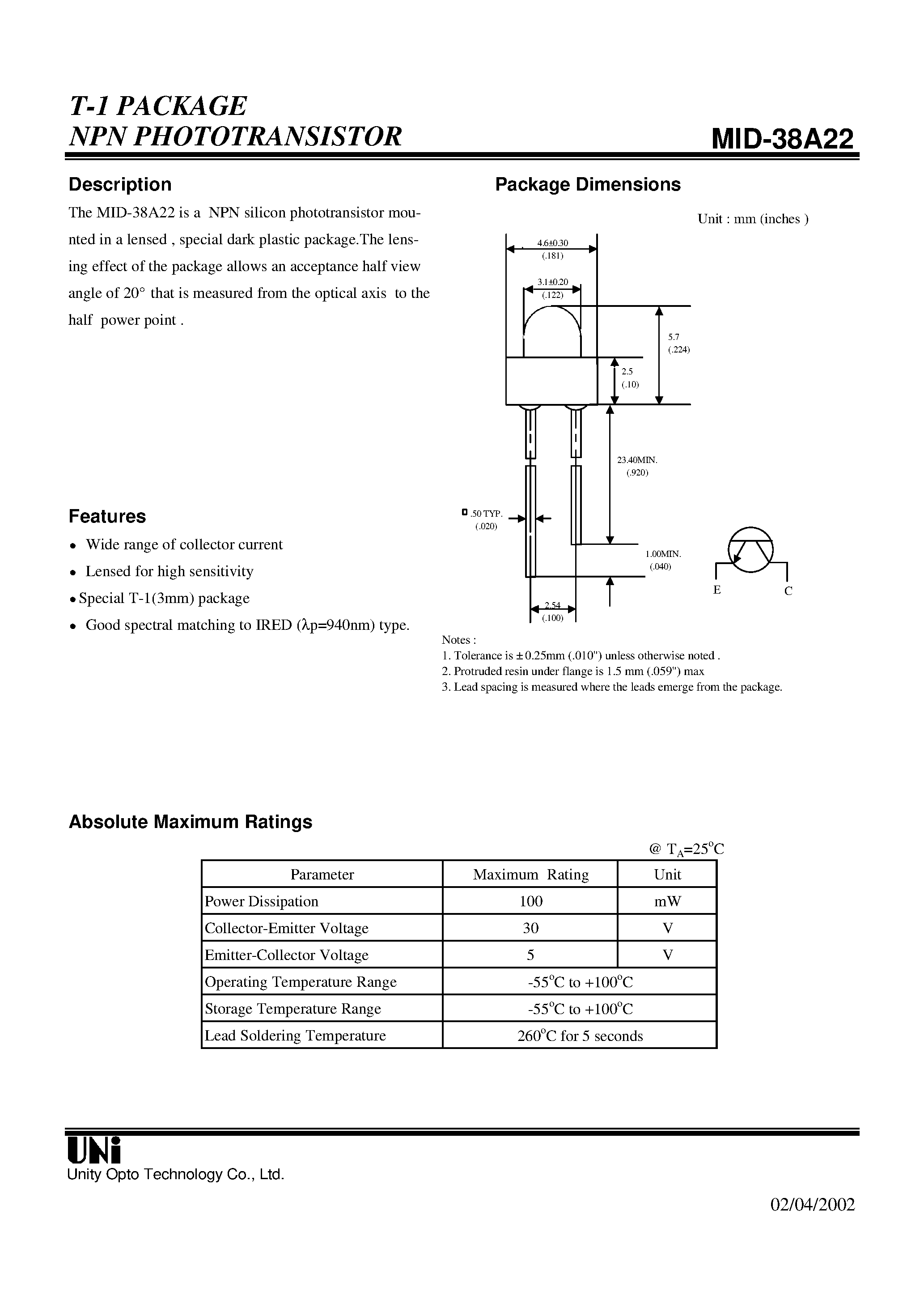 Datasheet MID-38A22 page 1 Datasheet MID-38A22 - T-1 PACKAGE NPN PHOTOTRANSISTOR page 1