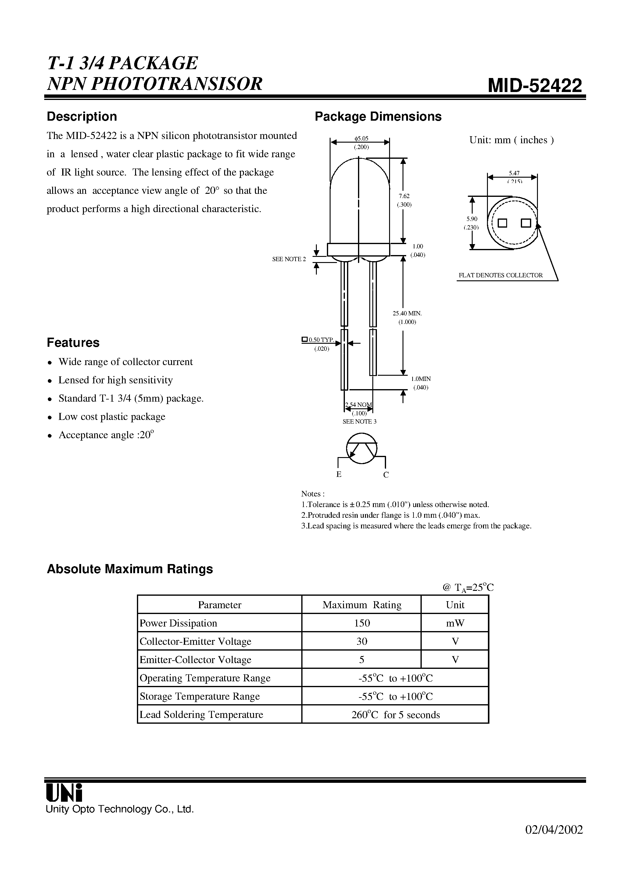 Даташит MID-52422 - T-1 3/4 PACKAGE NPN PHOTOTRANSISOR страница 1