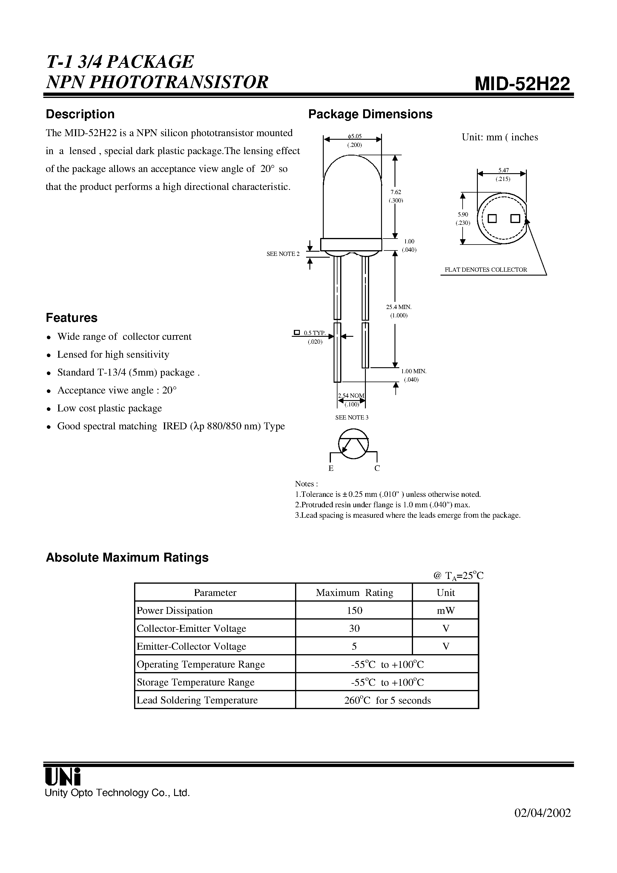 Даташит на микросхему MID-52H22 страница 1 Даташит MID-52H22 - T-1 3/4 PACKAGE NPN PHOTOTRANSISTOR страница 1