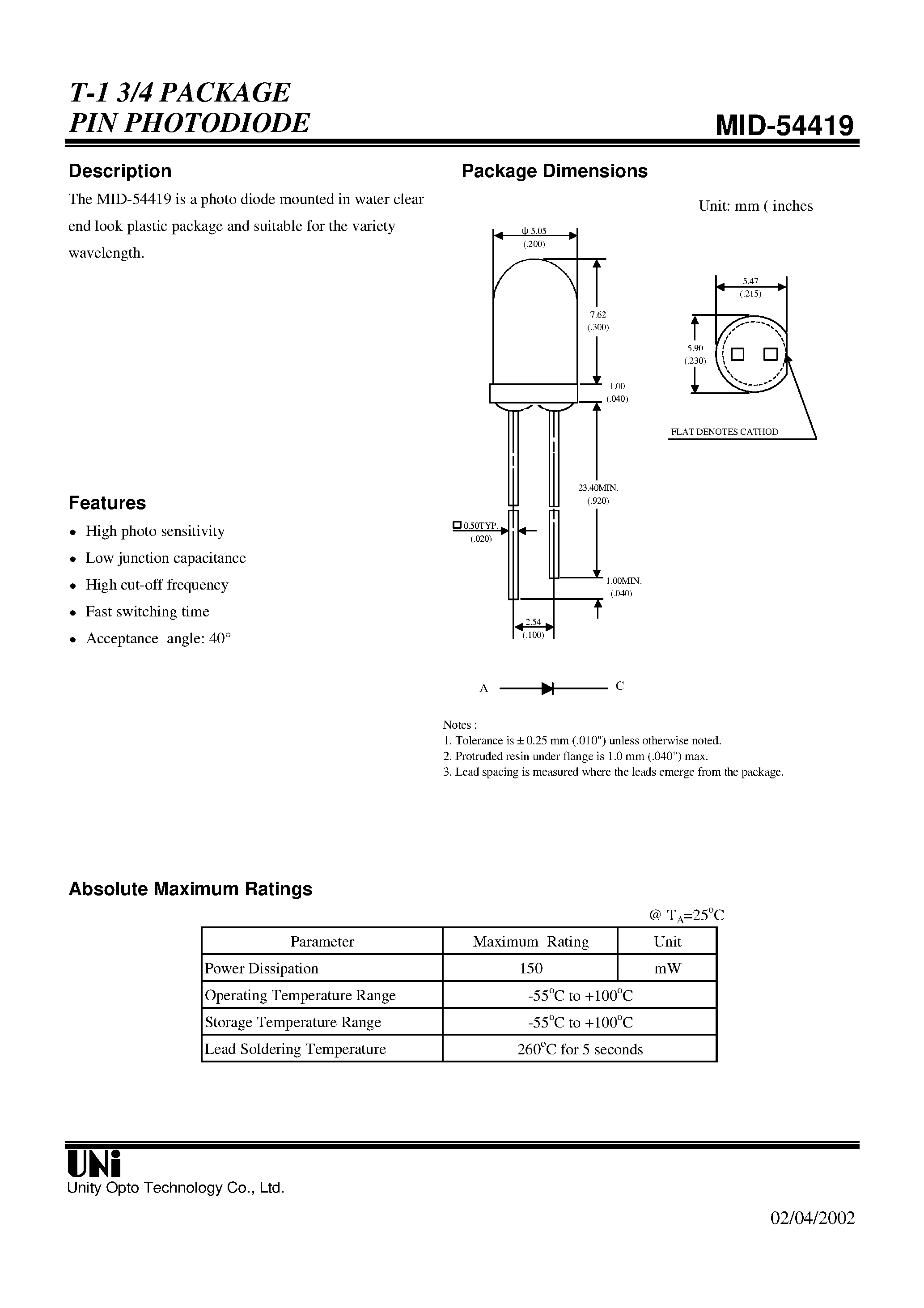 Даташит MID-54419 - T-1 3/4 PACKAGE PIN PHOTODIODE страница 1