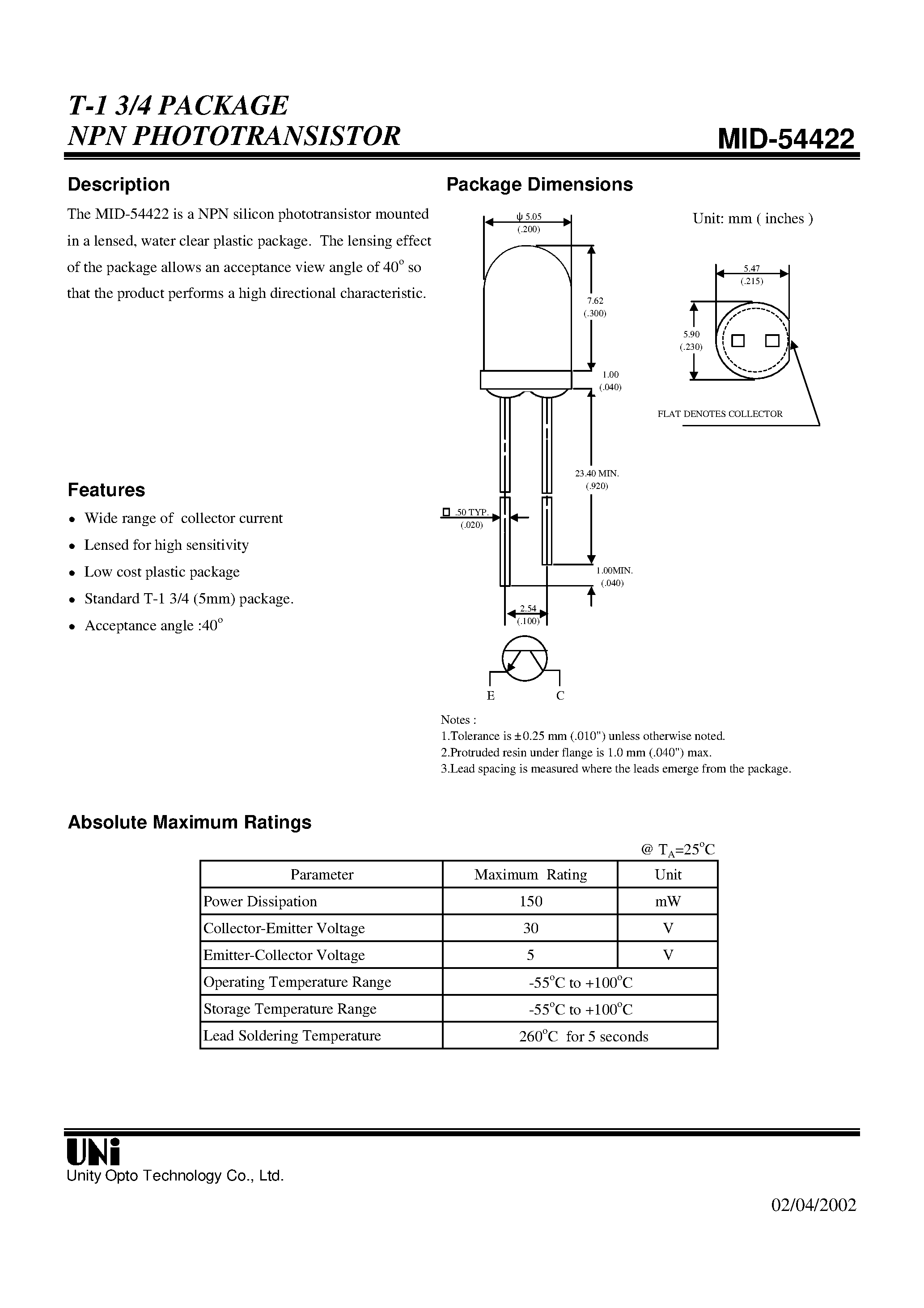 Даташит MID-54422 - T-1 3/4 PACKAGE NPN PHOTOTRANSISTOR страница 1