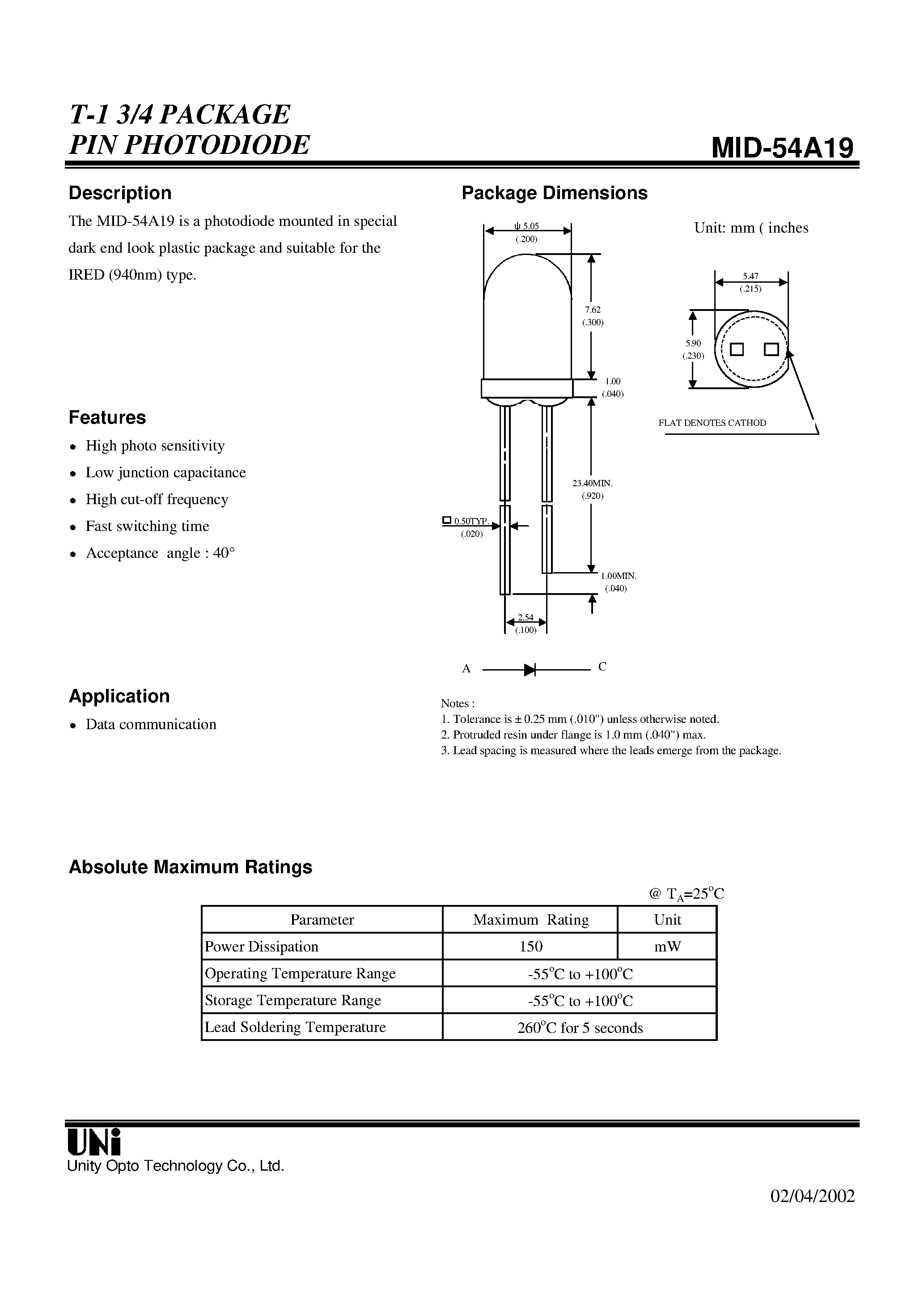 Даташит на микросхему MID-54A19 страница 1 Даташит MID-54A19 - T-1 3/4 PACKAGE PIN PHOTODIODE страница 1