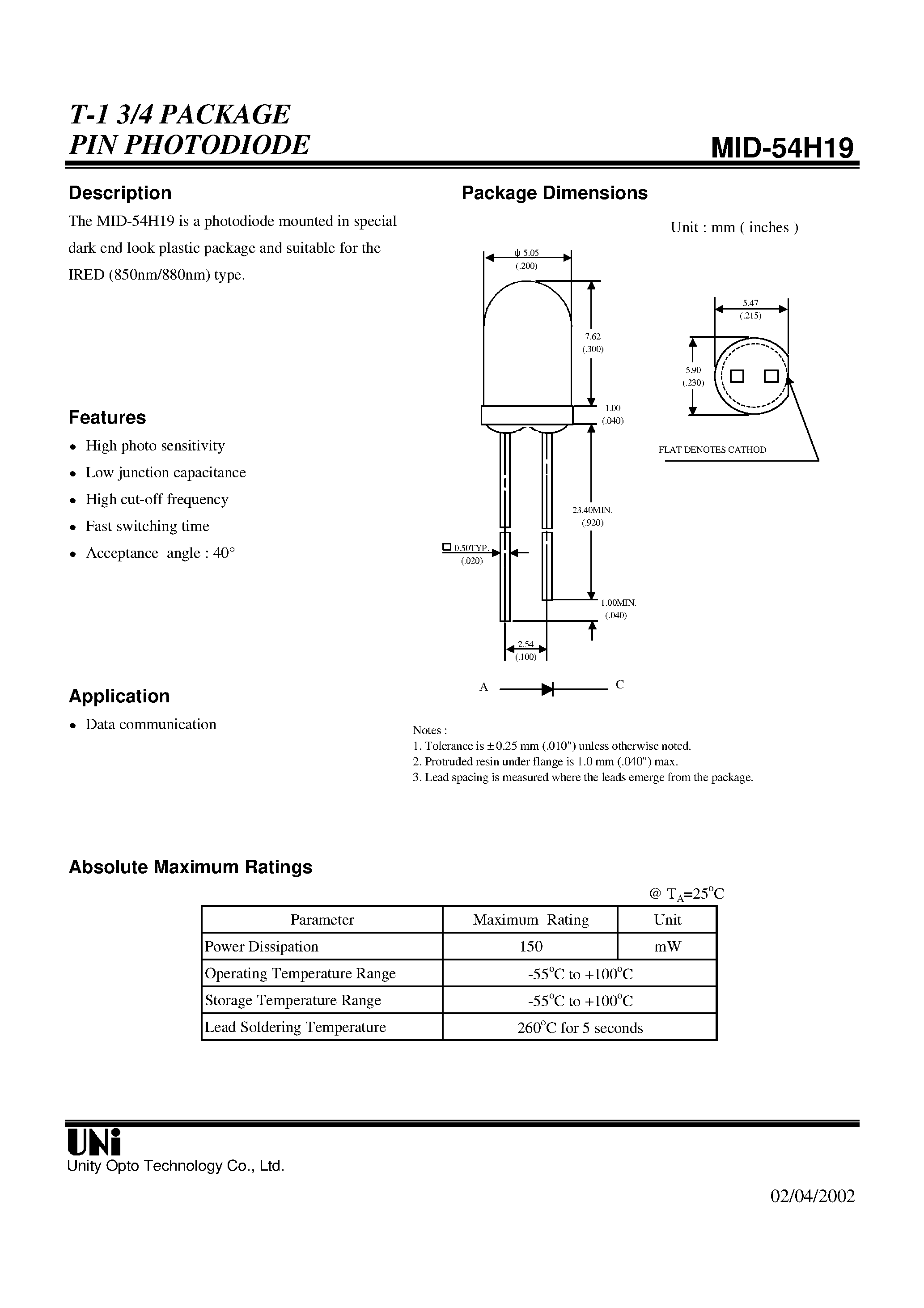 Даташит MID-54H19 - T-1 3/4 PACKAGE PIN PHOTODIODE страница 1