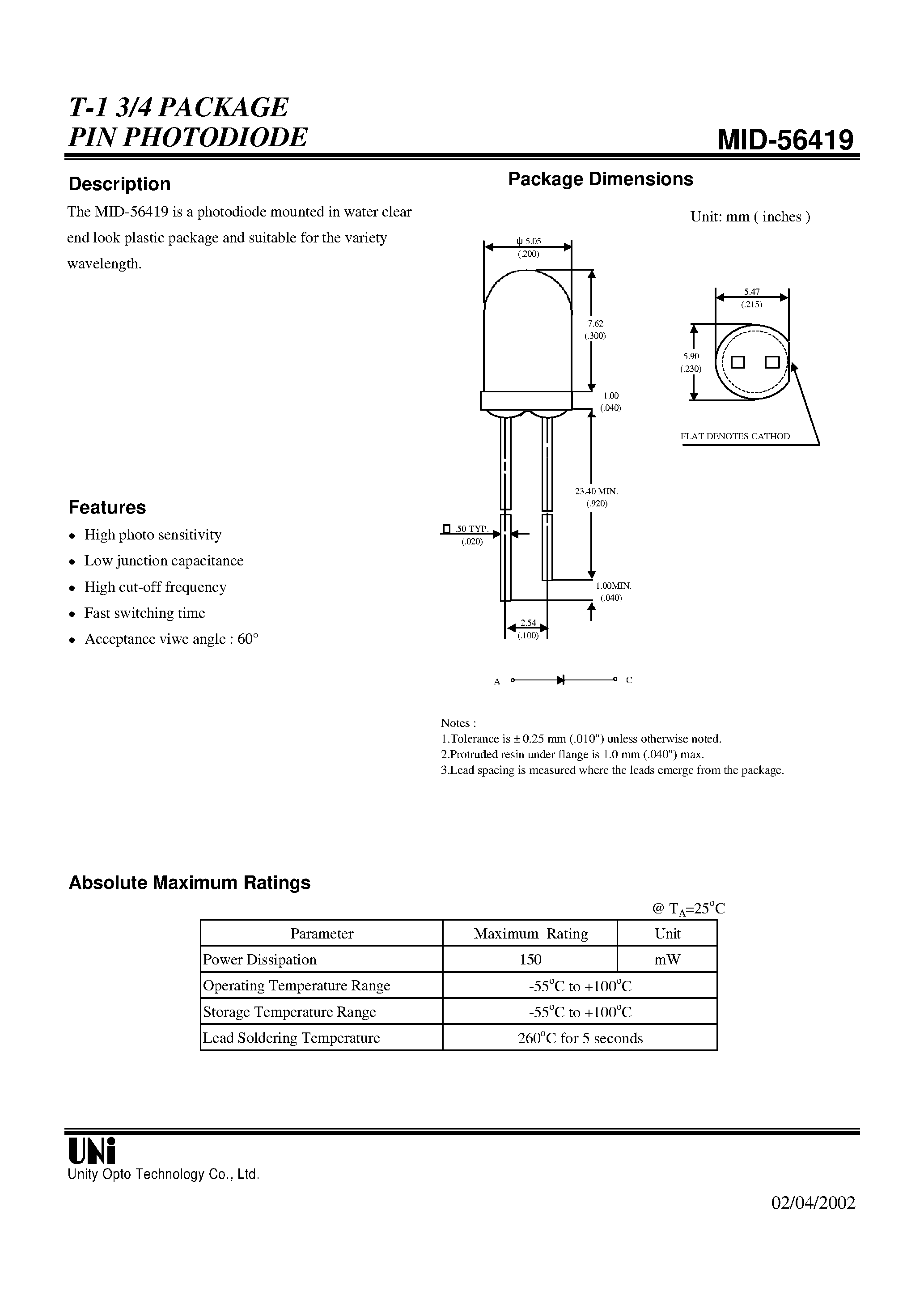 Даташит MID-56419 - T-1 3/4 PACKAGE PIN PHOTODIODE страница 1
