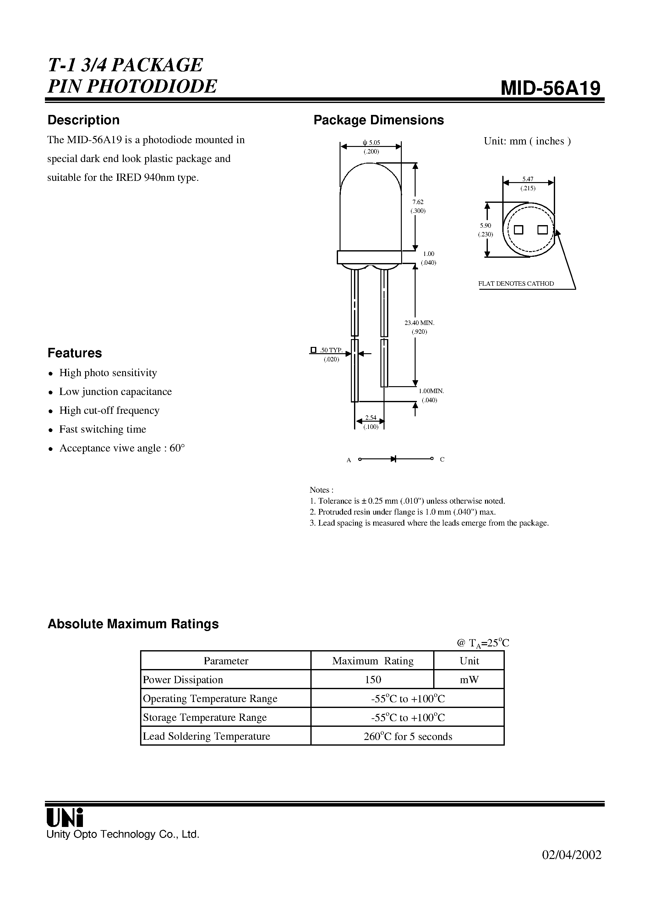 Datasheet MID-56A19 page 1 Datasheet MID-56A19 - T-1 3/4 PACKAGE PIN PHOTODIODE page 1