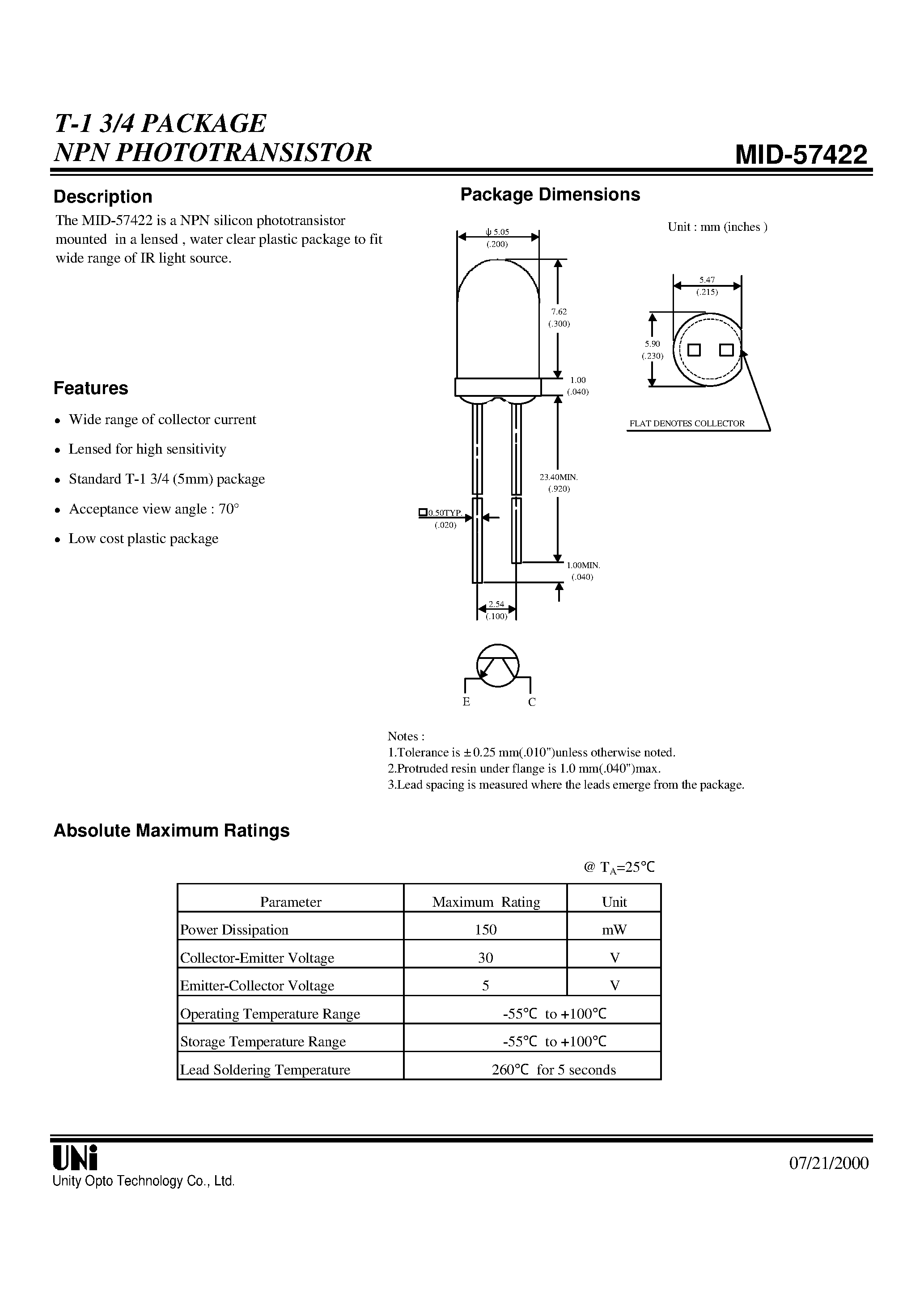 Даташит MID-57422 - T-1 3/4 PACKAGE NPN PHOTOTRANSISTOR страница 1
