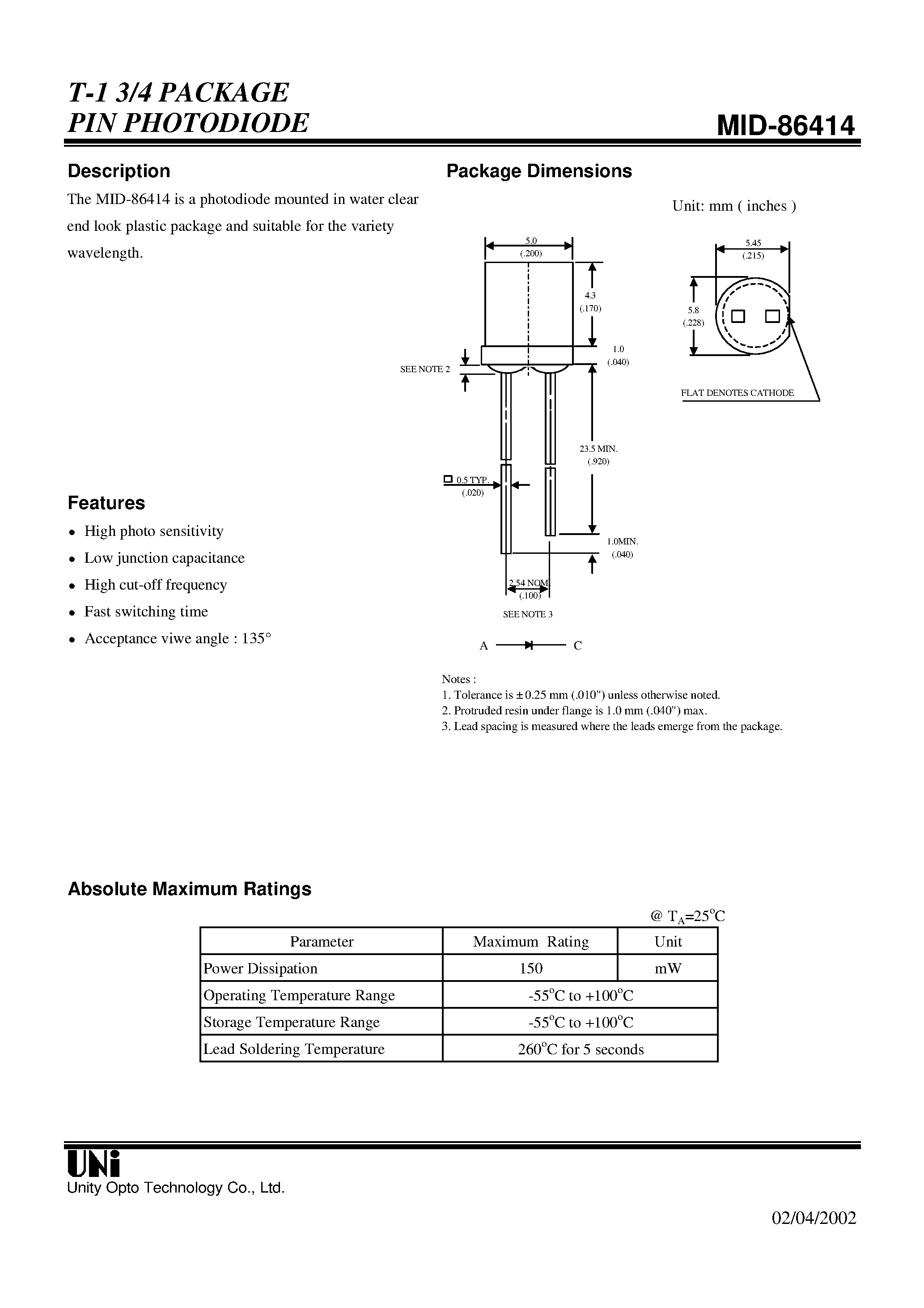 Даташит MID-86414 - T-1 3/4 PACKAGE PIN PHOTODIODE страница 1