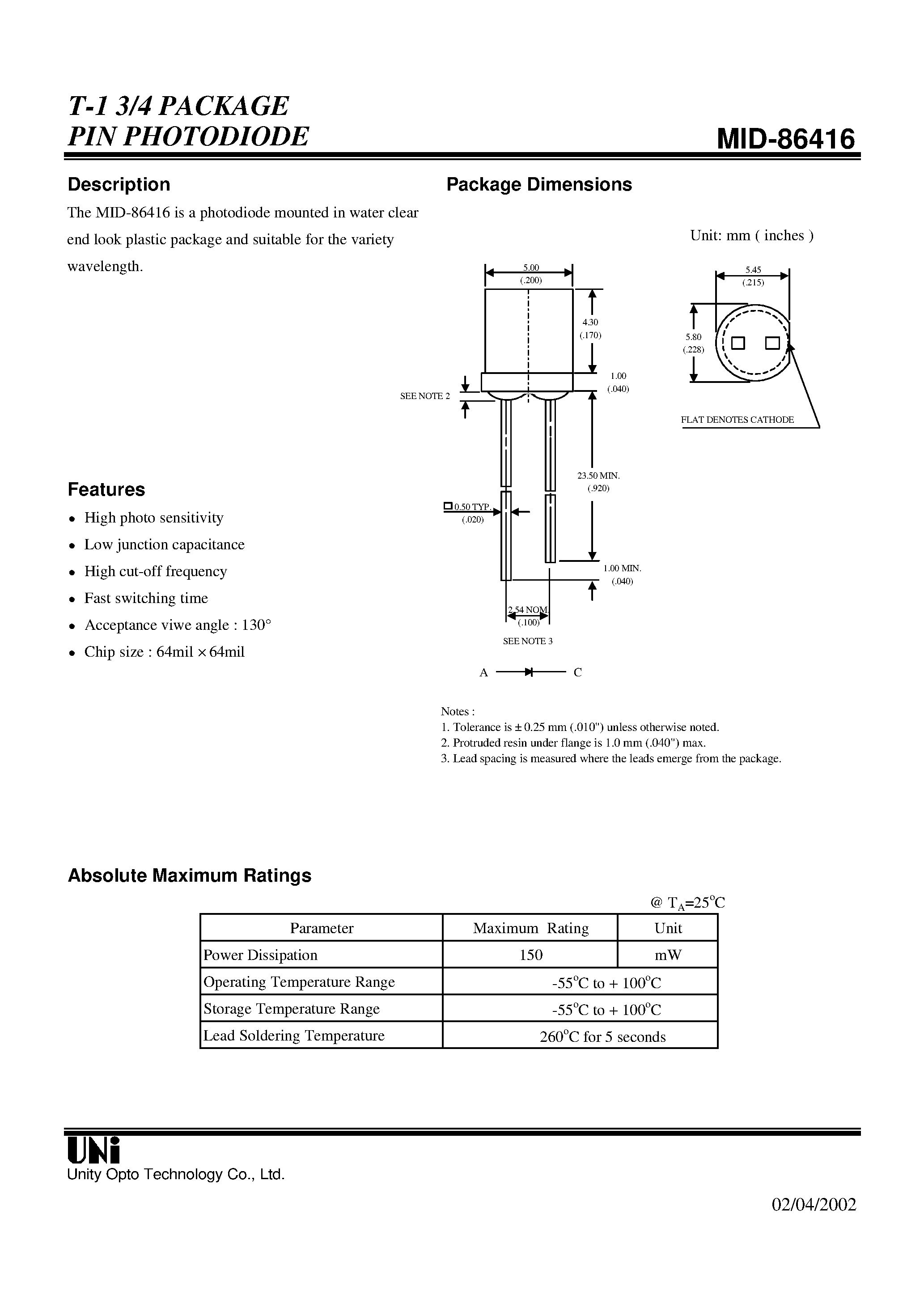 Даташит MID-86416 - T-1 3/4 PACKAGE PIN PHOTODIODE страница 1