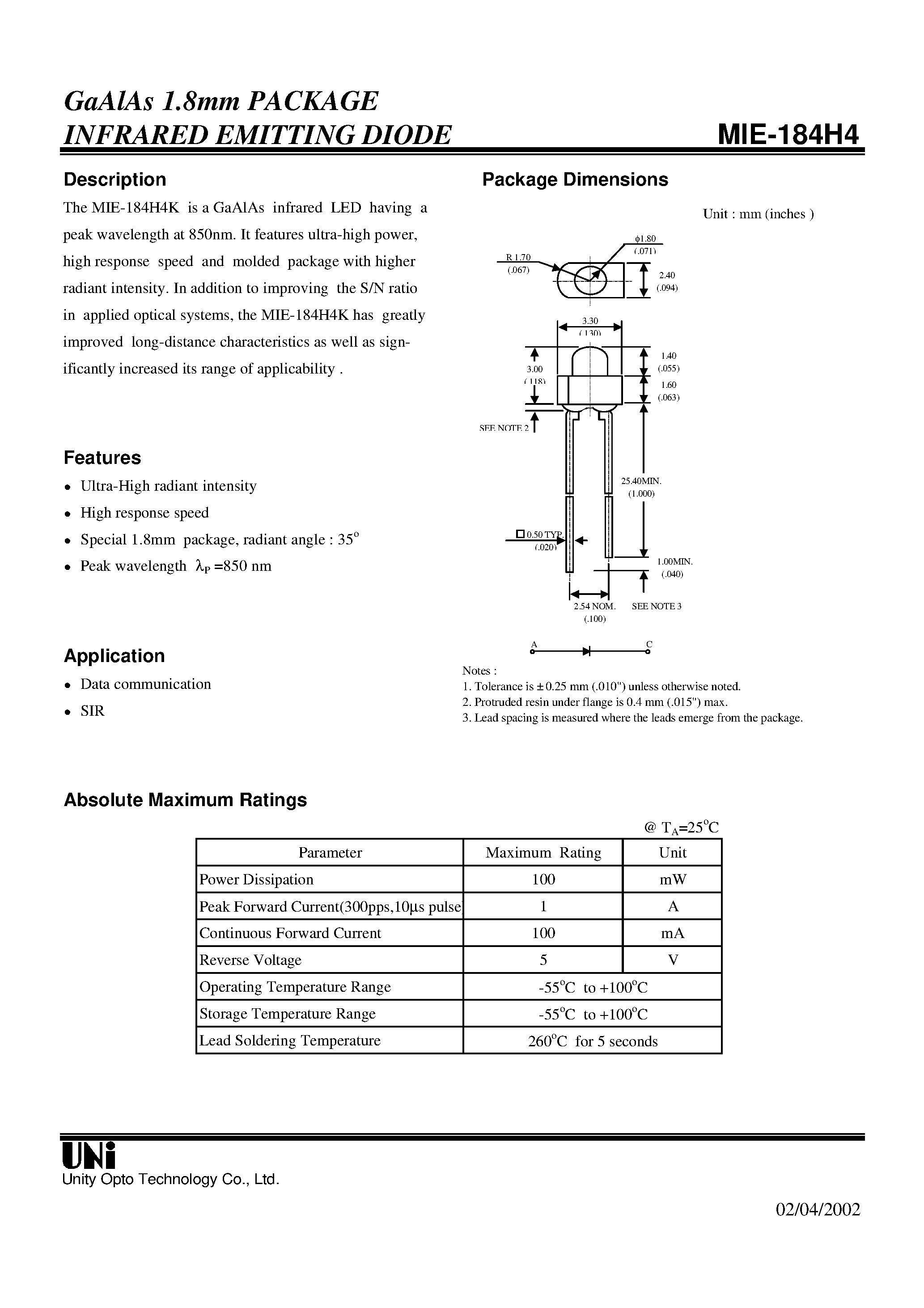 Datasheet MIE-184H4 - GaAlAs 1.8mm PACKAGE INFRARED EMITTING DIODE page 1