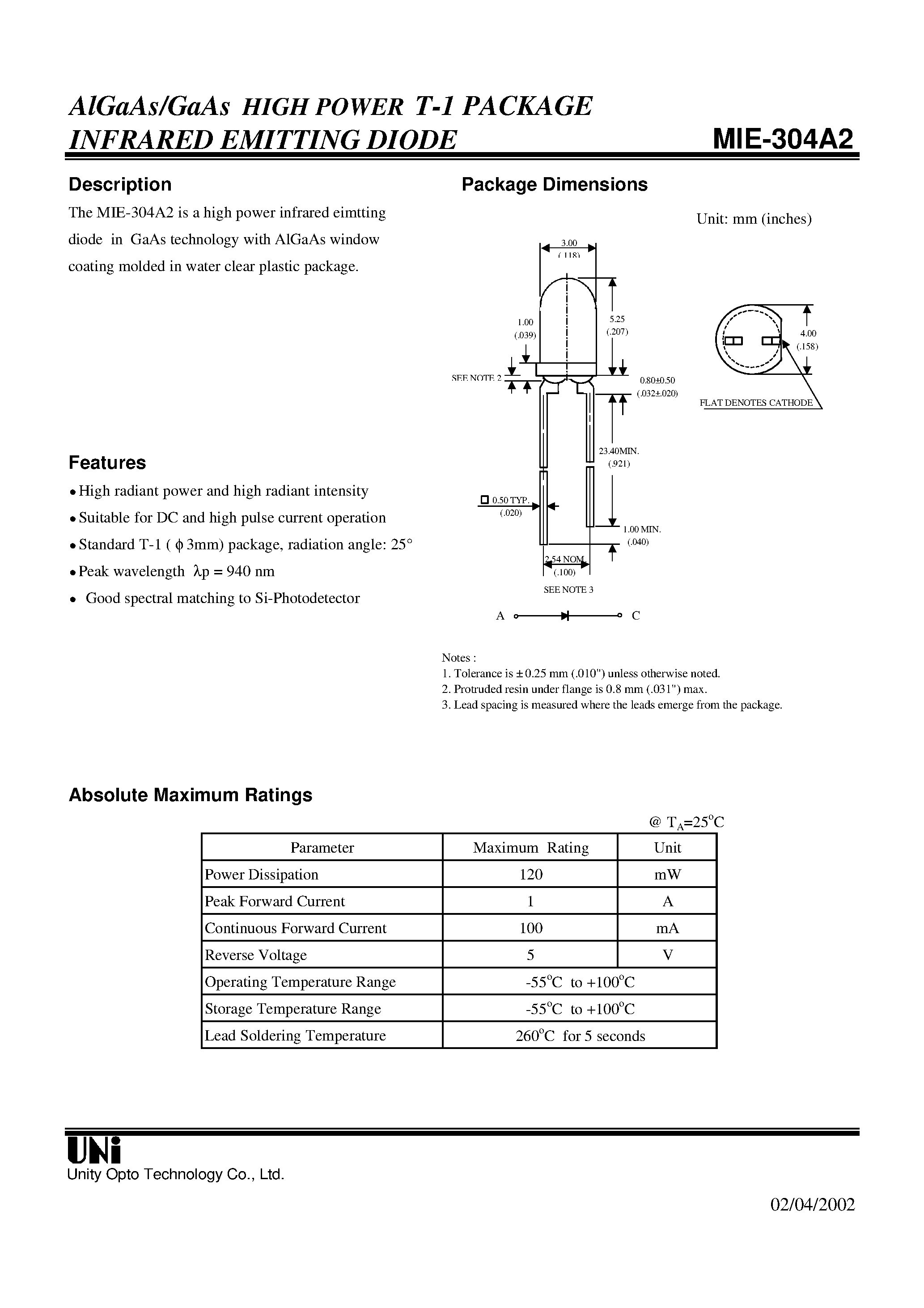 Даташит MIE-304A2 - AlGaAs/GaAs HIGH POWER T-1 PACKAGE INFRARED EMITTING DIODE страница 1
