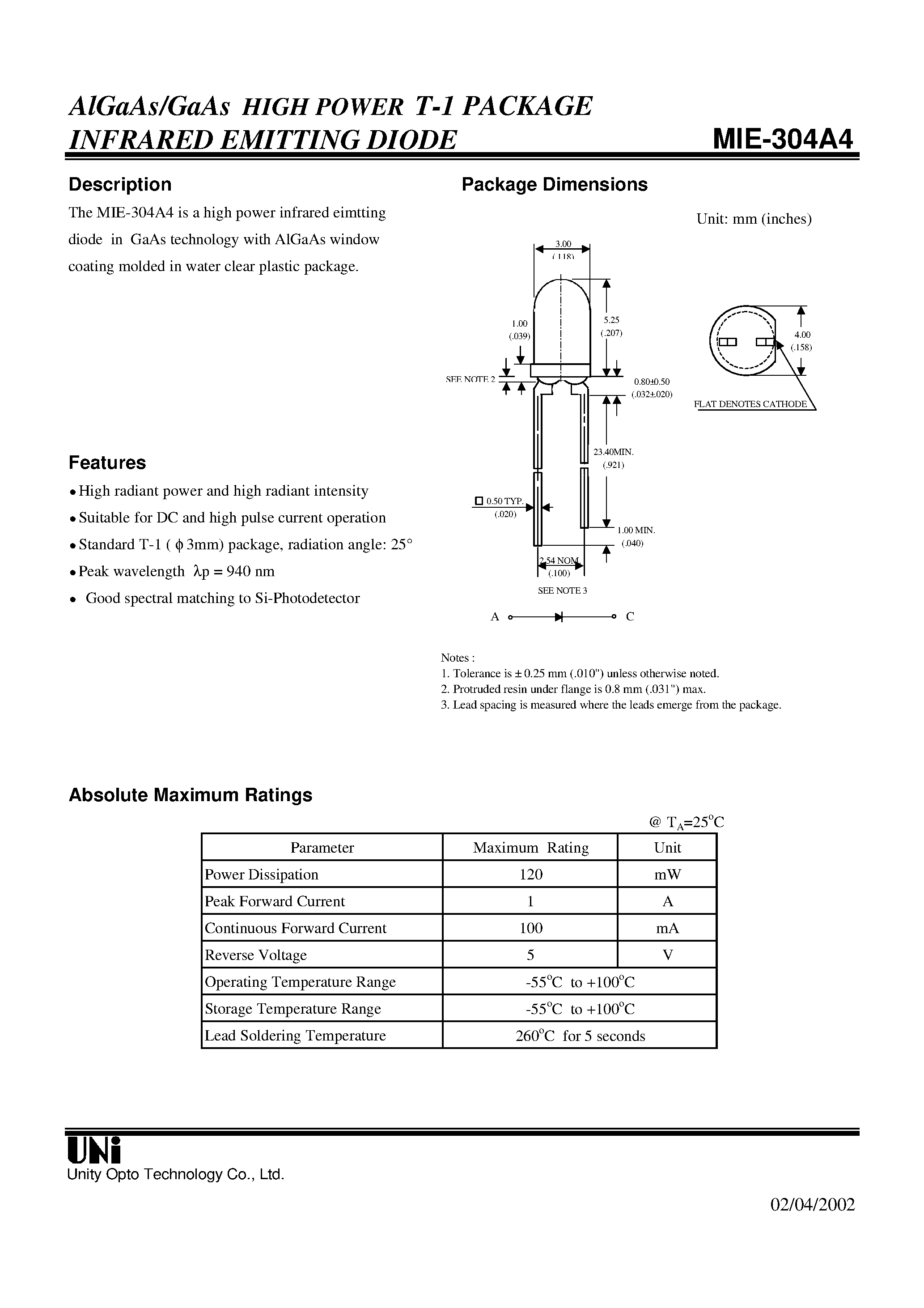 Даташит MIE-304A4 - AlGaAs/GaAs HIGH POWER T-1 PACKAGE INFRARED EMITTING DIODE страница 1