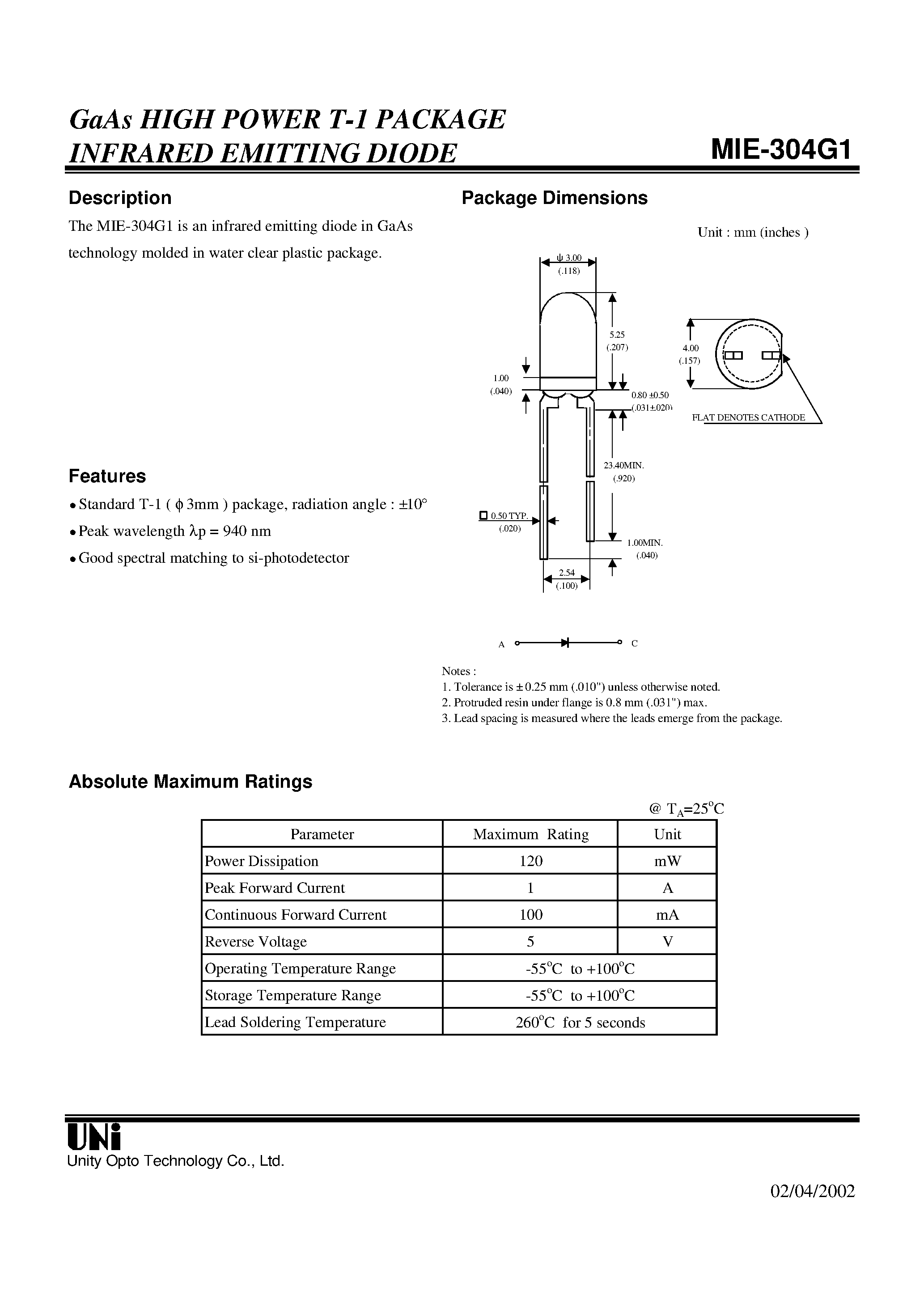 Даташит на микросхему MIE-304G1 страница 1 Даташит MIE-304G1 - GaAs HIGH POWER T-1 PACKAGE INFRARED EMITTING DIODE страница 1