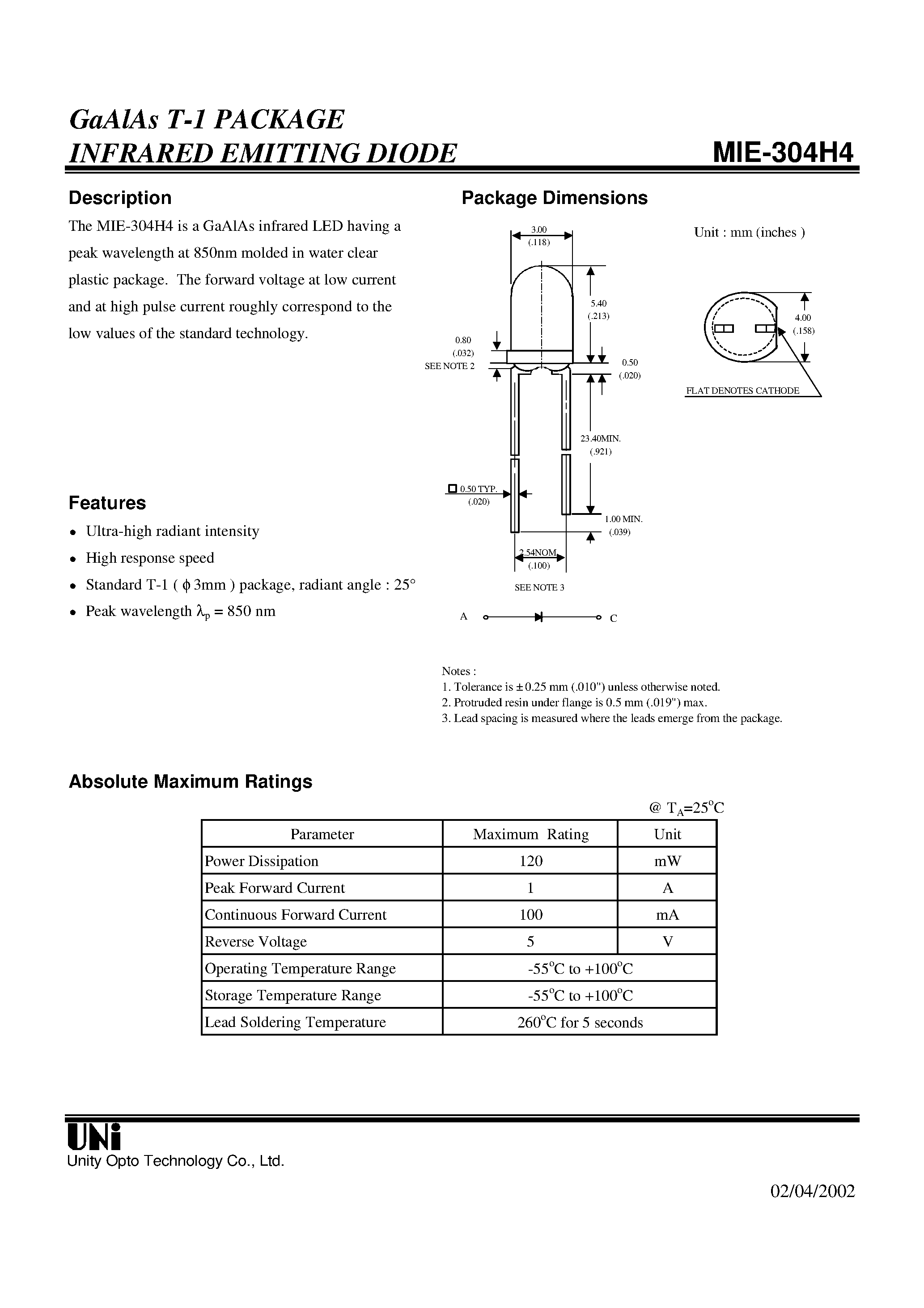 Даташит на микросхему MIE-304H4 страница 1 Даташит MIE-304H4 - GaAlAs T-1 PACKAGE INFRARED EMITTING DIODE страница 1
