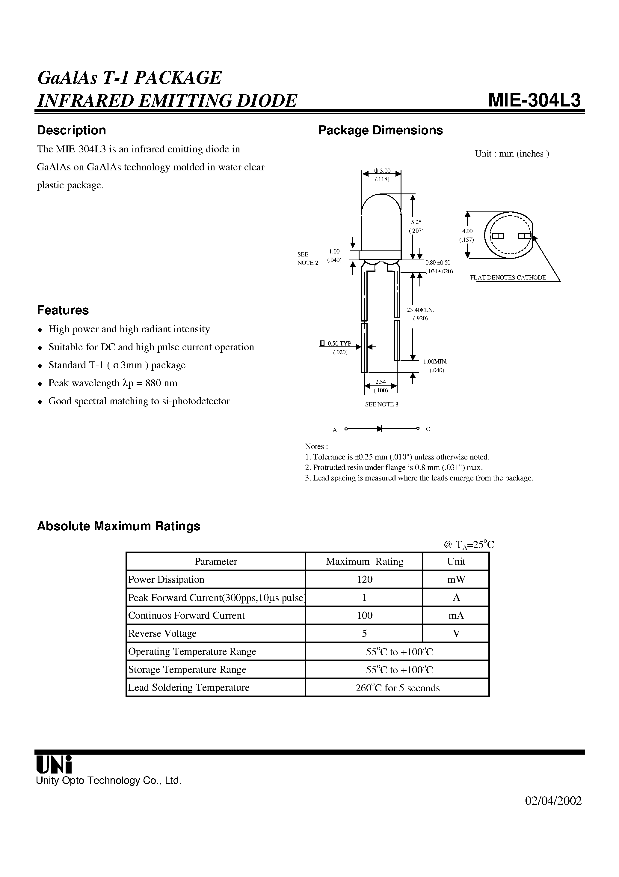 Даташит на микросхему MIE-304L3 страница 1 Даташит MIE-304L3 - GaAlAs T-1 PACKAGE INFRARED EMITTING DIODE страница 1
