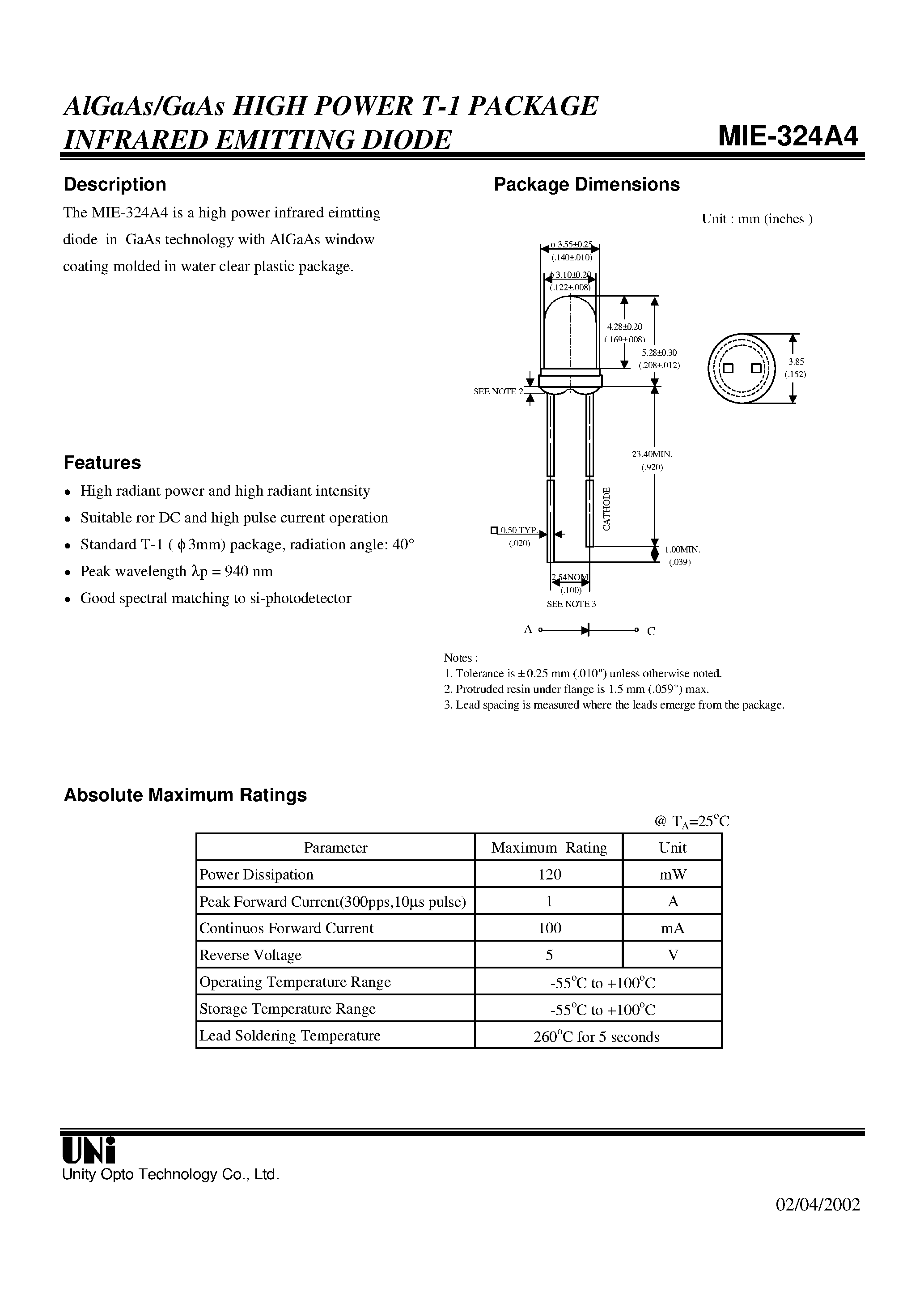 Даташит на микросхему MIE-324A4 страница 1 Даташит MIE-324A4 - AlGaAs/GaAs HIGH POWER T-1 PACKAGE INFRARED EMITTING DIODE страница 1