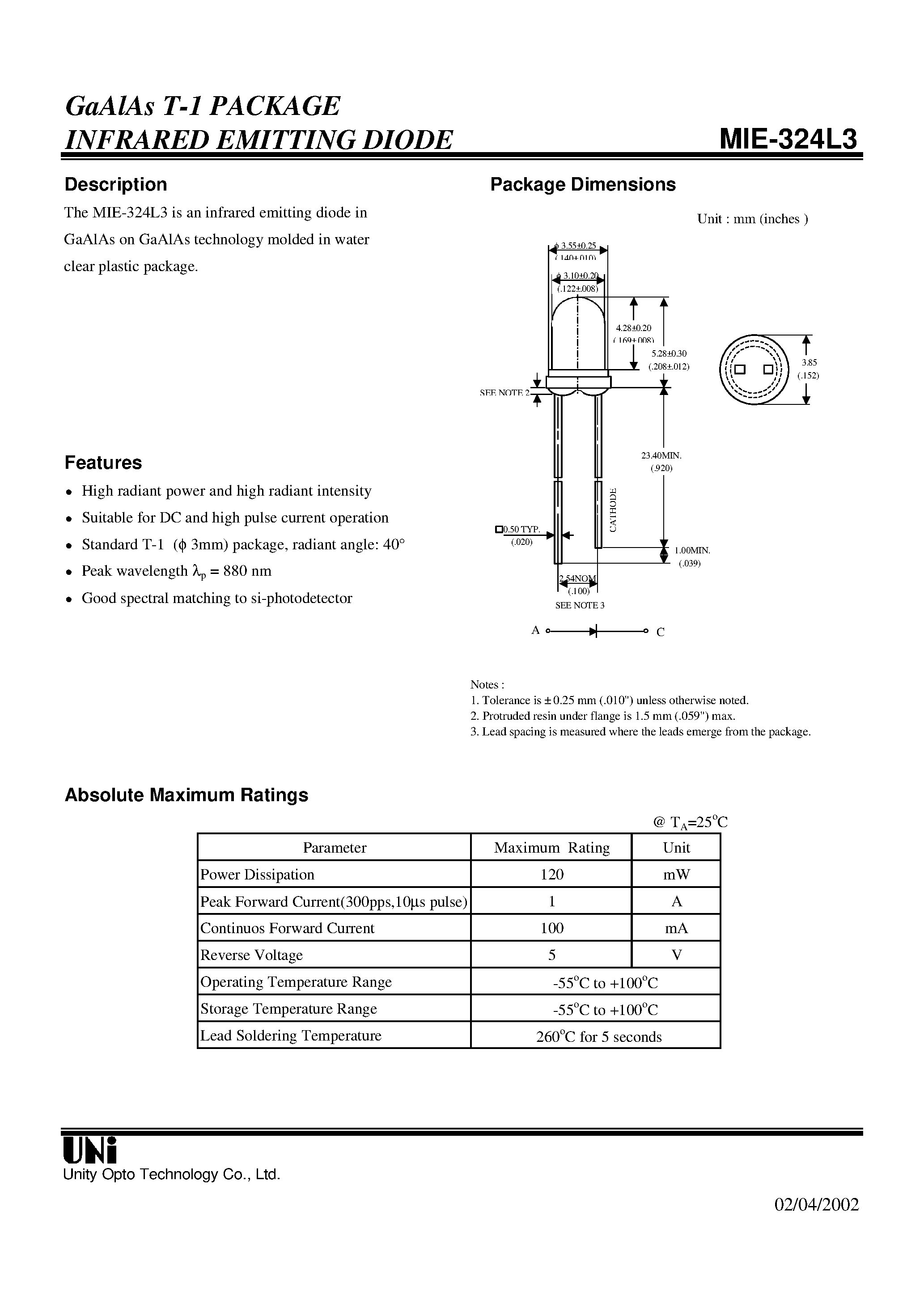 Даташит на микросхему MIE-324L3 страница 1 Даташит MIE-324L3 - GaAlAs T-1 PACKAGE INFRARED EMITTING DIODE страница 1