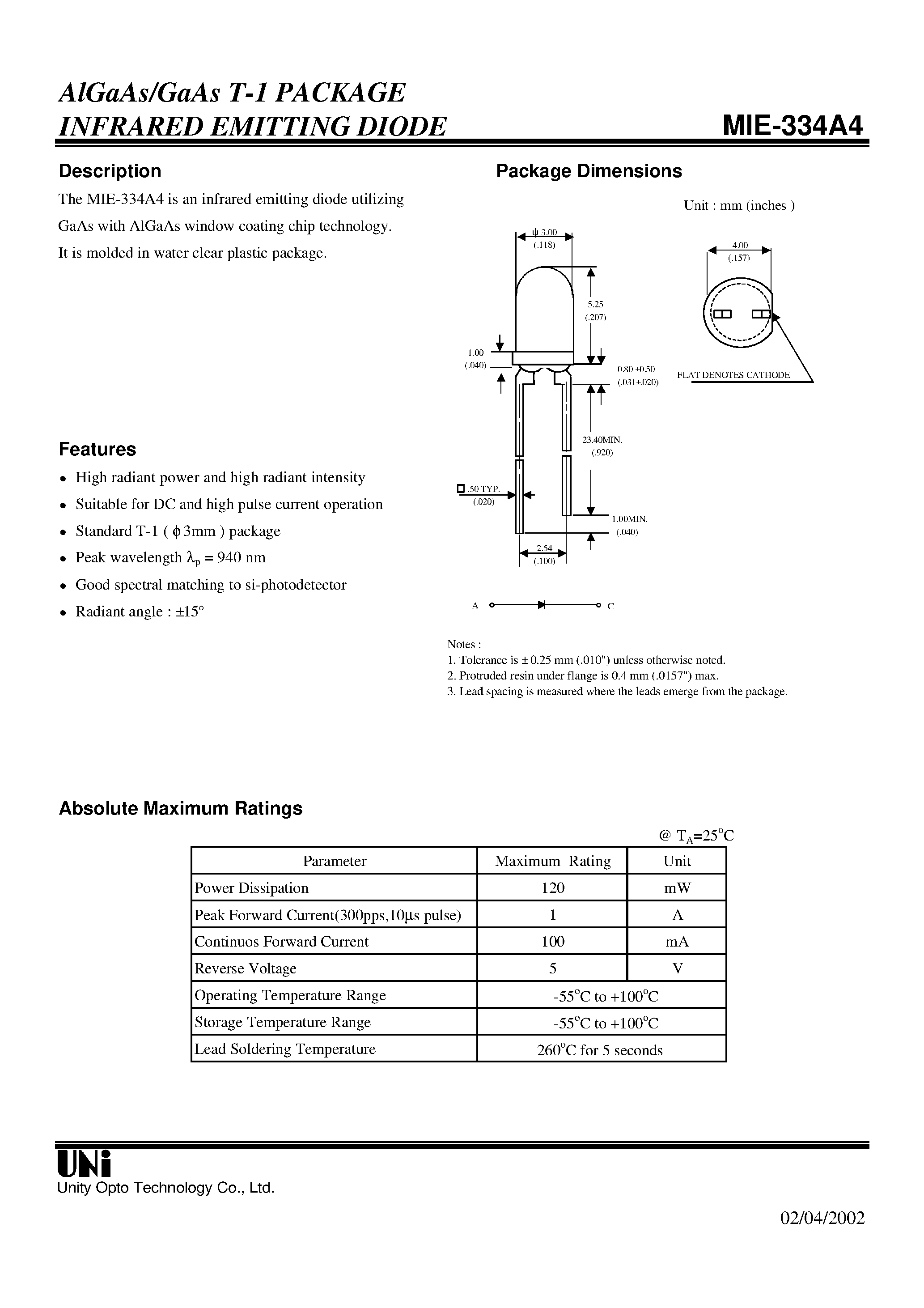 Даташит на микросхему MIE-334A4 страница 1 Даташит MIE-334A4 - AlGaAs/GaAs T-1 PACKAGE INFRARED EMITTING DIODE страница 1