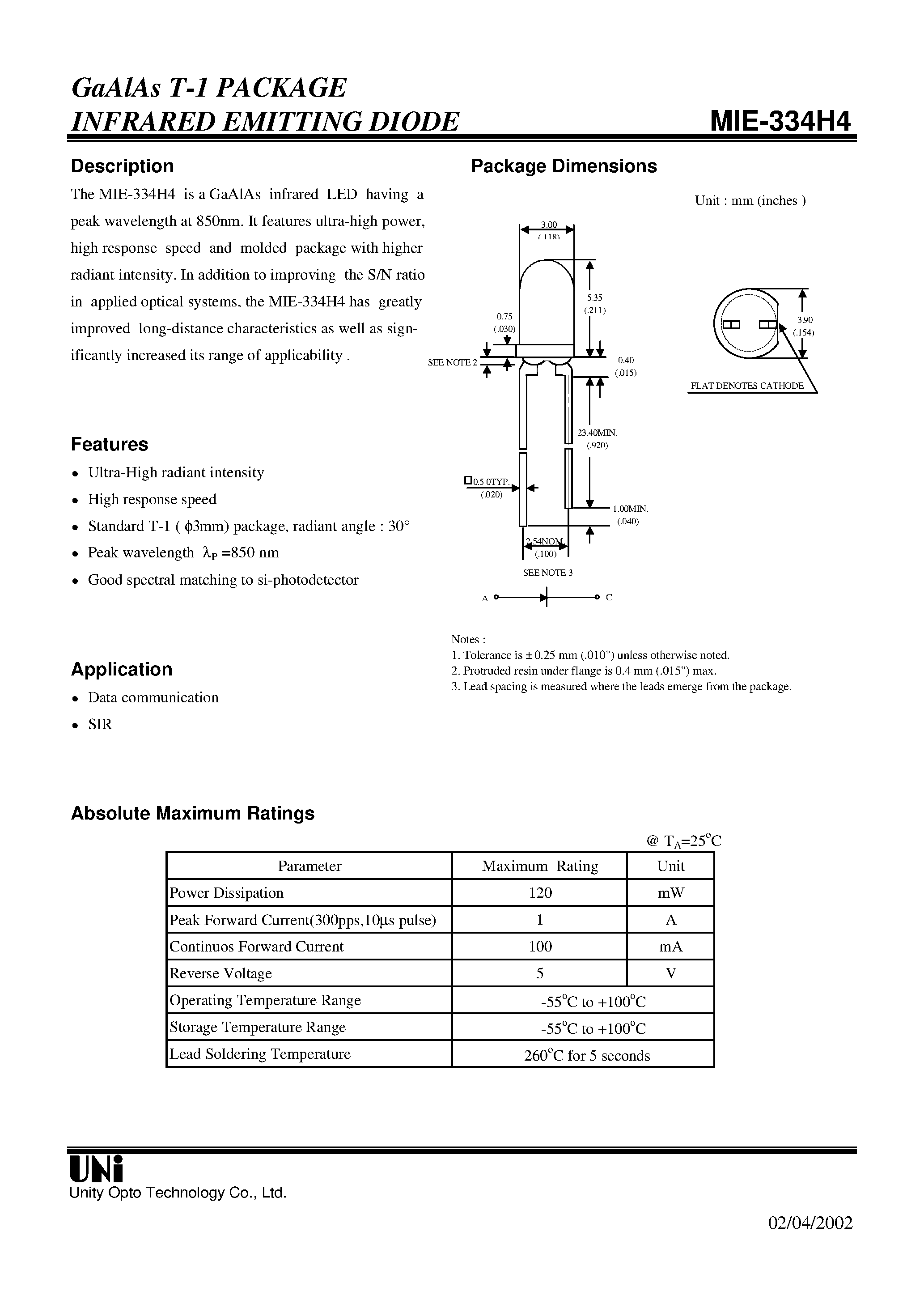 Даташит на микросхему MIE-334H4 страница 1 Даташит MIE-334H4 - GaAlAs T-1 PACKAGE INFRARED EMITTING DIODE страница 1