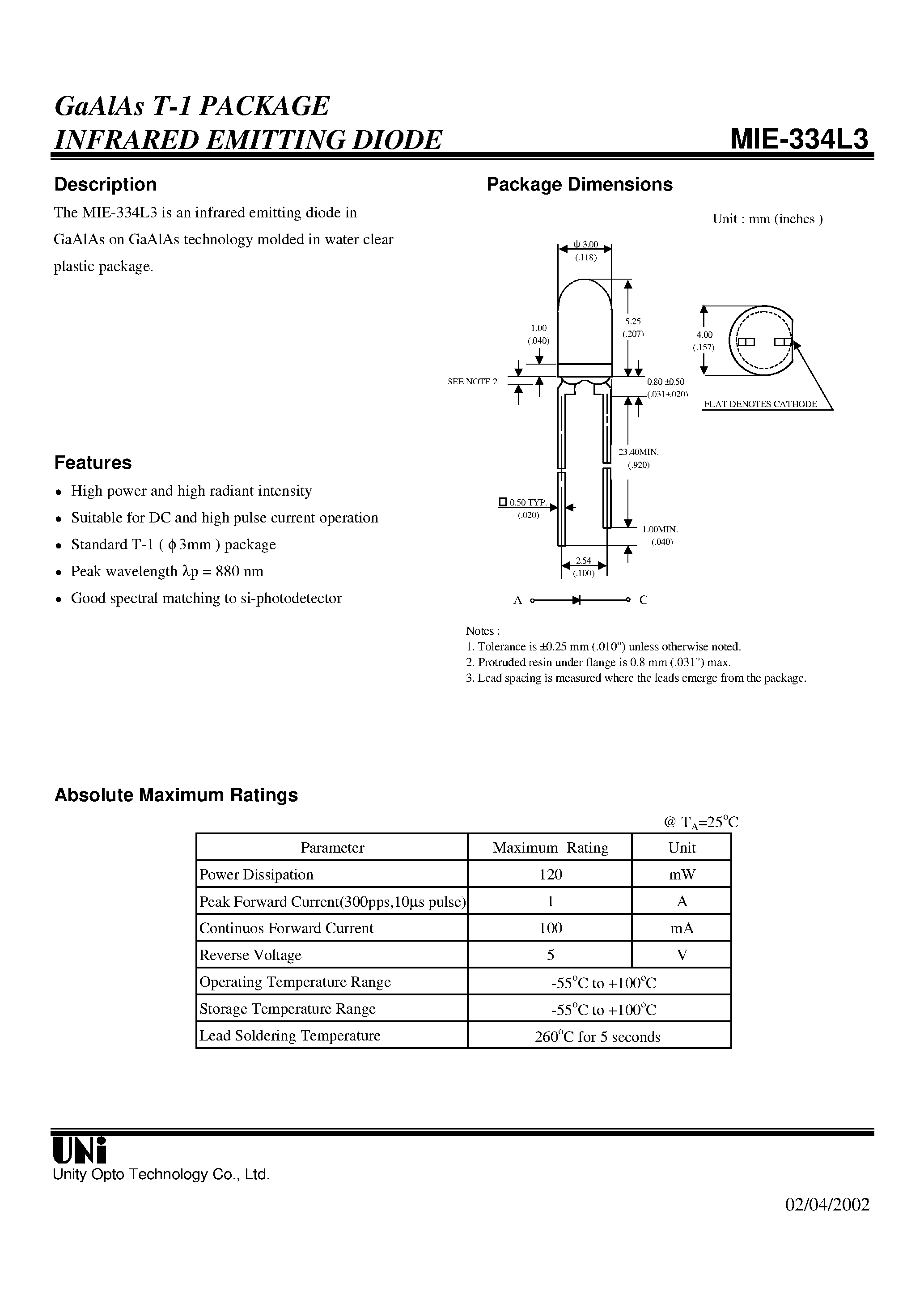 Даташит на микросхему MIE-334L3 страница 1 Даташит MIE-334L3 - GaAlAs T-1 PACKAGE INFRARED EMITTING DIODE страница 1