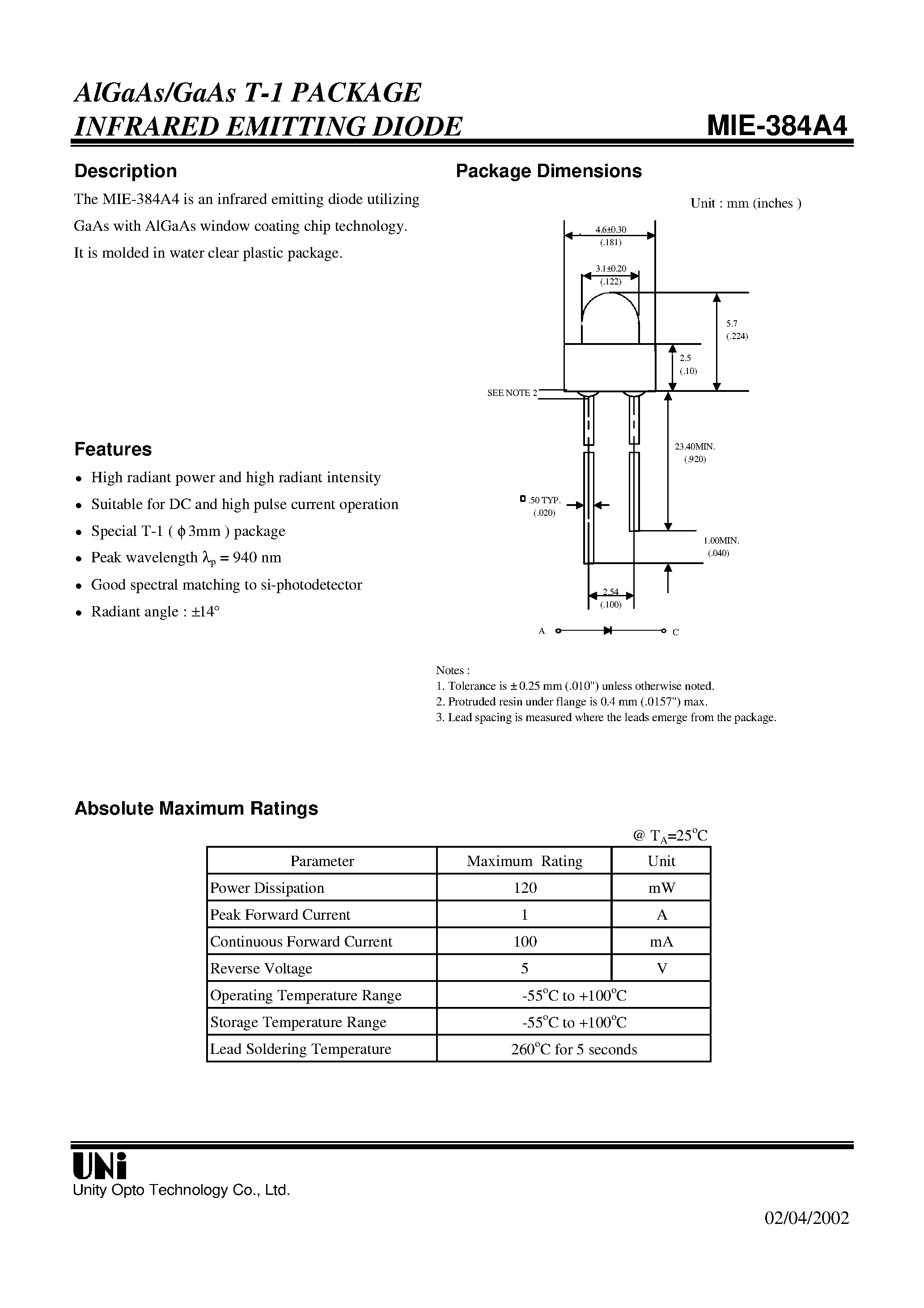 Даташит на микросхему MIE-384A4 страница 1 Даташит MIE-384A4 - AlGaAs/GaAs T-1 PACKAGE INFRARED EMITTING DIODE страница 1