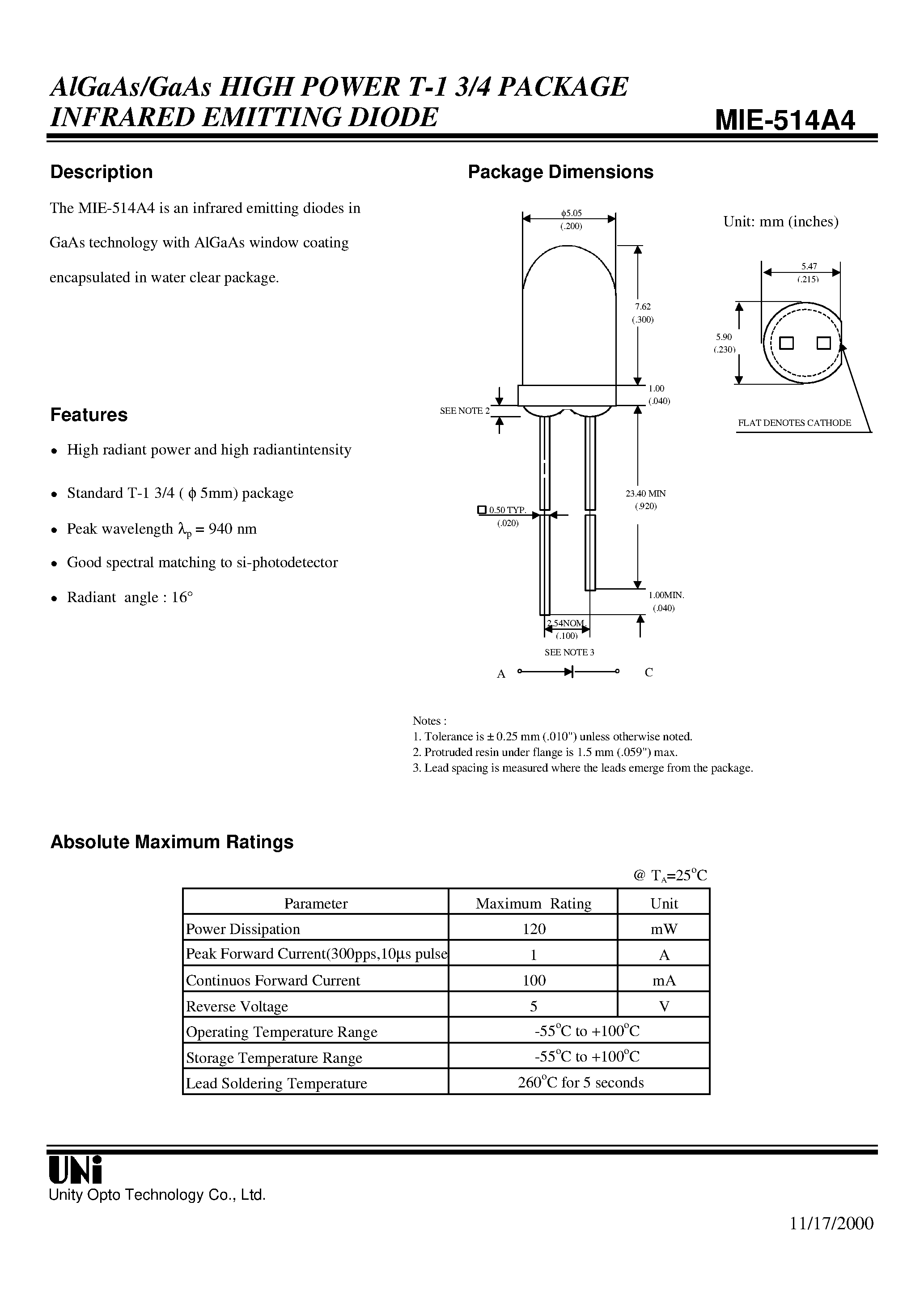 Даташит на микросхему MIE-514A4 страница 1 Даташит MIE-514A4 - AlGaAs/GaAs HIGH POWER T-1 3/4 PACKAGE INFRARED EMITTING DIODE страница 1