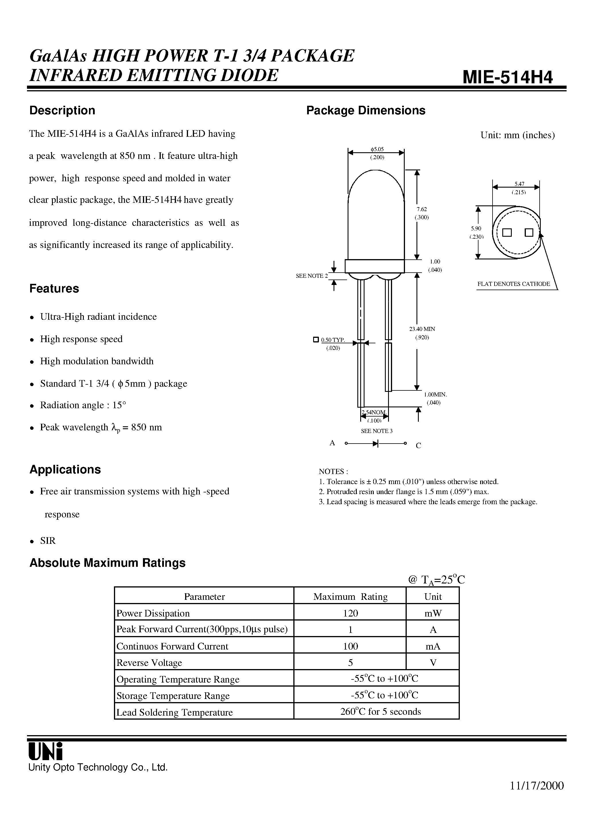 Даташит на микросхему MIE-514H4 страница 1 Даташит MIE-514H4 - GaAlAs HIGH POWER T-1 3/4 PACKAGE INFRARED EMITTING DIODE страница 1