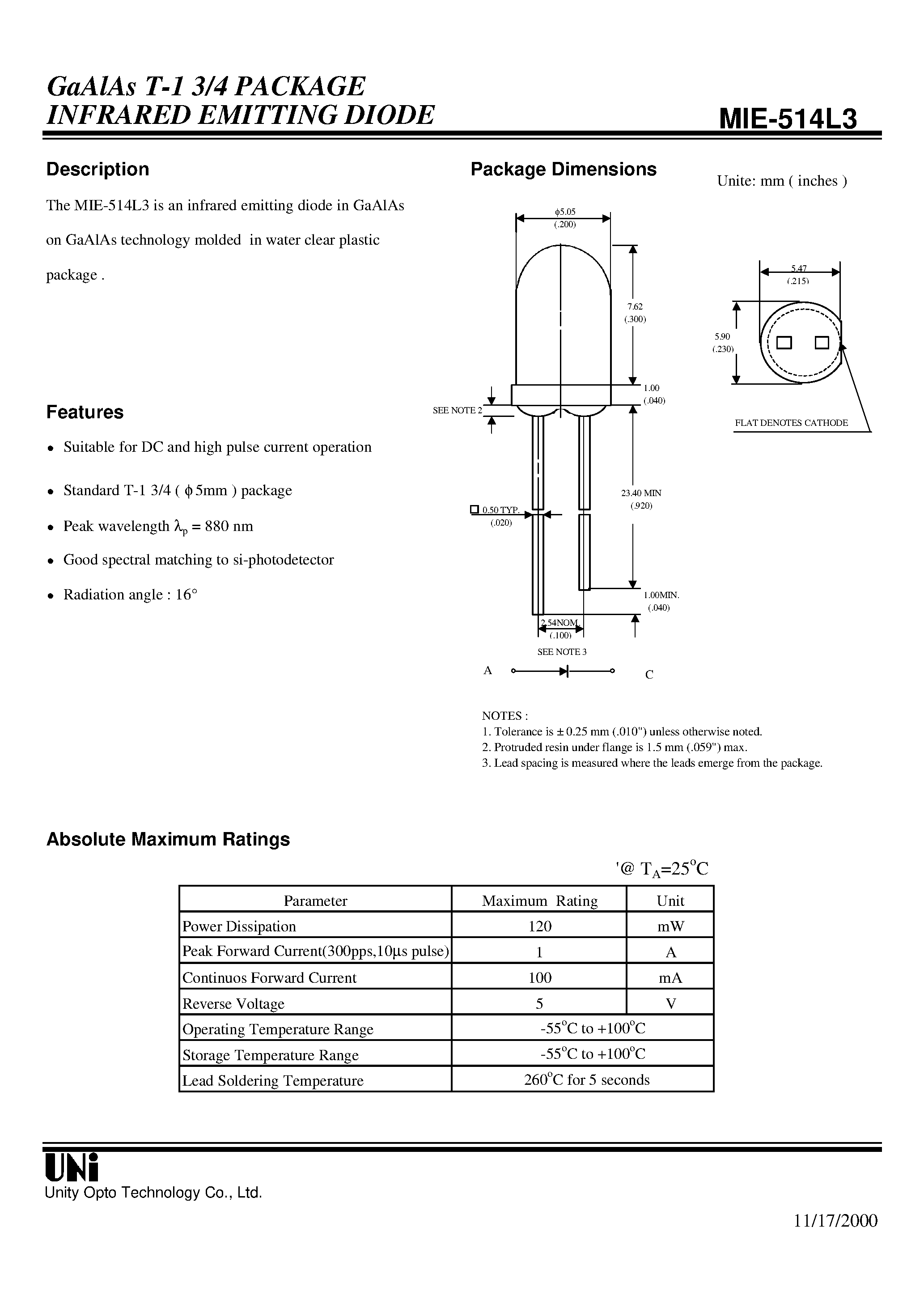 Даташит на микросхему MIE-514L3 страница 1 Даташит MIE-514L3 - GaAlAs T-1 3/4 PACKAGE INFRARED EMITTING DIODE страница 1