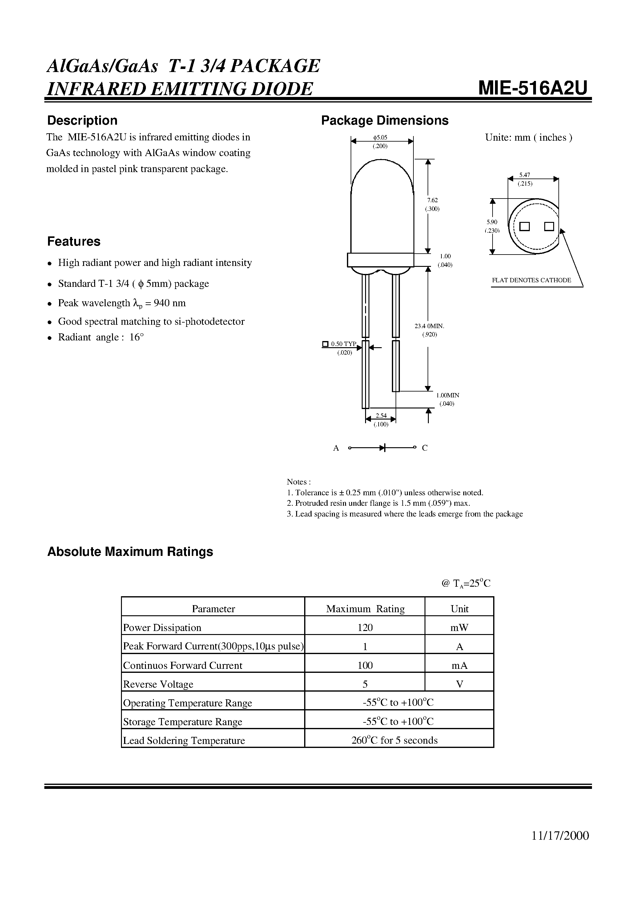 Даташит на микросхему MIE-516A2U страница 1 Даташит MIE-516A2U - AlGaAs/GaAs T-1 3/4 PACKAGE INFRARED EMITTING DIODE страница 1