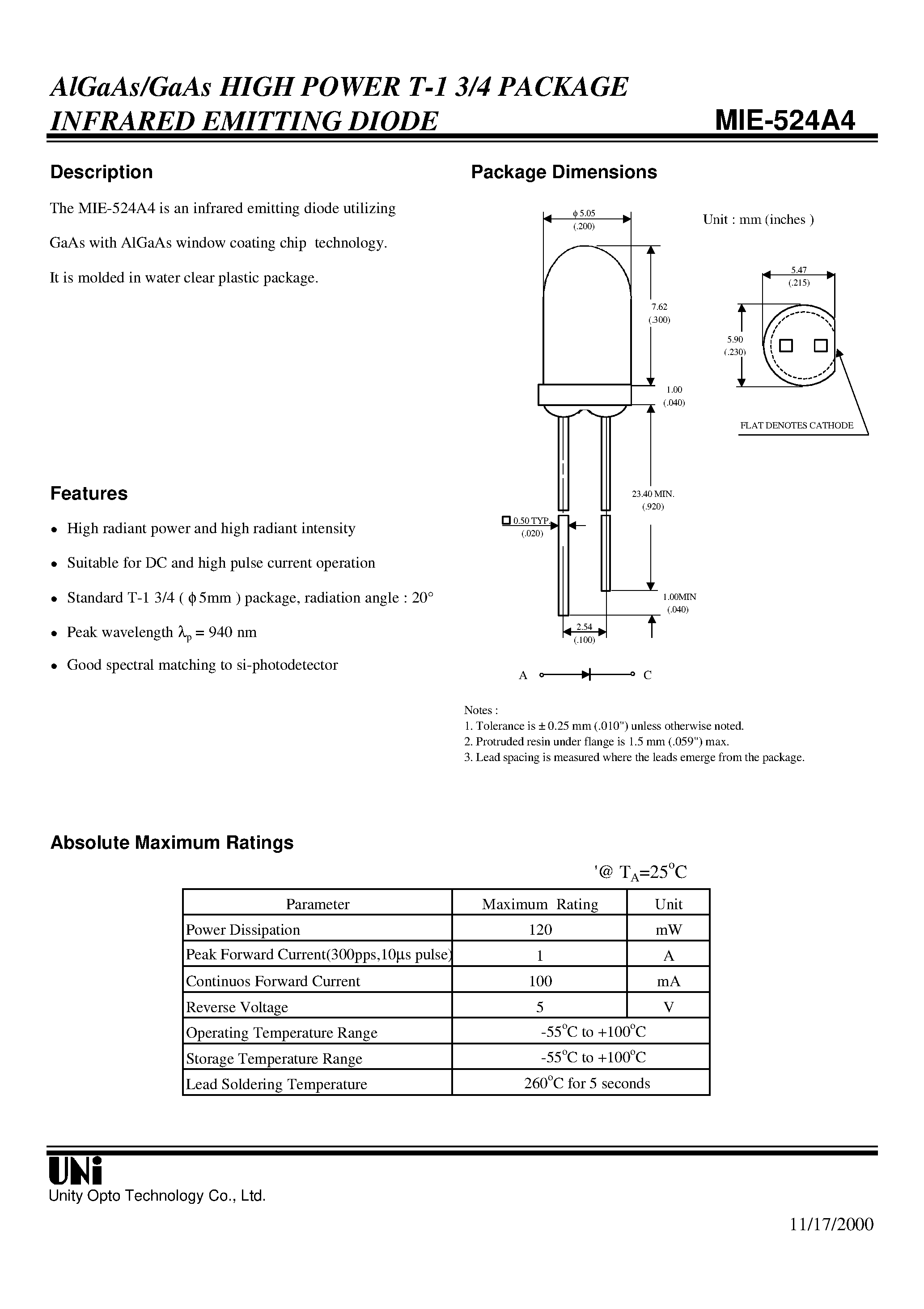 Даташит на микросхему MIE-524A4 страница 1 Даташит MIE-524A4 - AlGaAs/GaAs HIGH POWER T-1 3/4 PACKAGE INFRARED EMITTING DIODE страница 1
