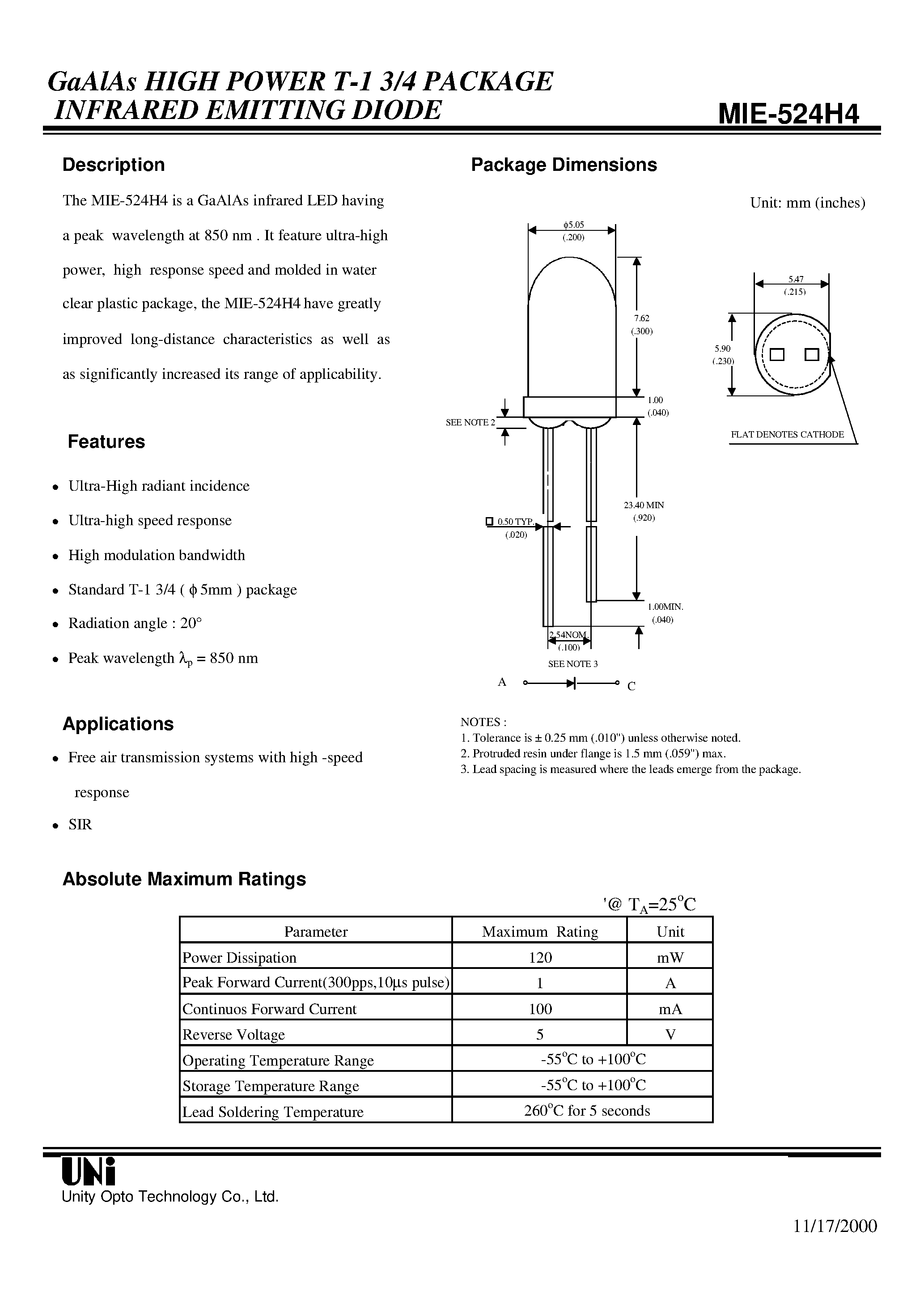 Даташит на микросхему MIE-524H4 страница 1 Даташит MIE-524H4 - GaAlAs HIGH POWER T-1 3/4 PACKAGE INFRARED EMITTING DIODE страница 1