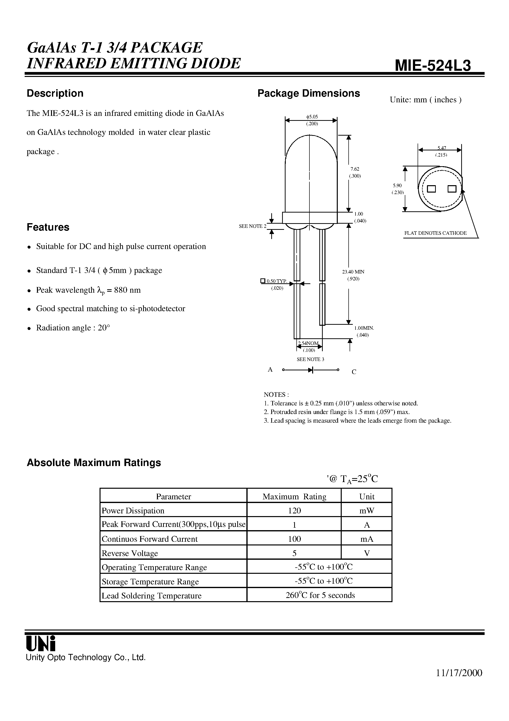 Даташит на микросхему MIE-524L3 страница 1 Даташит MIE-524L3 - GaAlAs T-1 3/4 PACKAGE INFRARED EMITTING DIODE страница 1