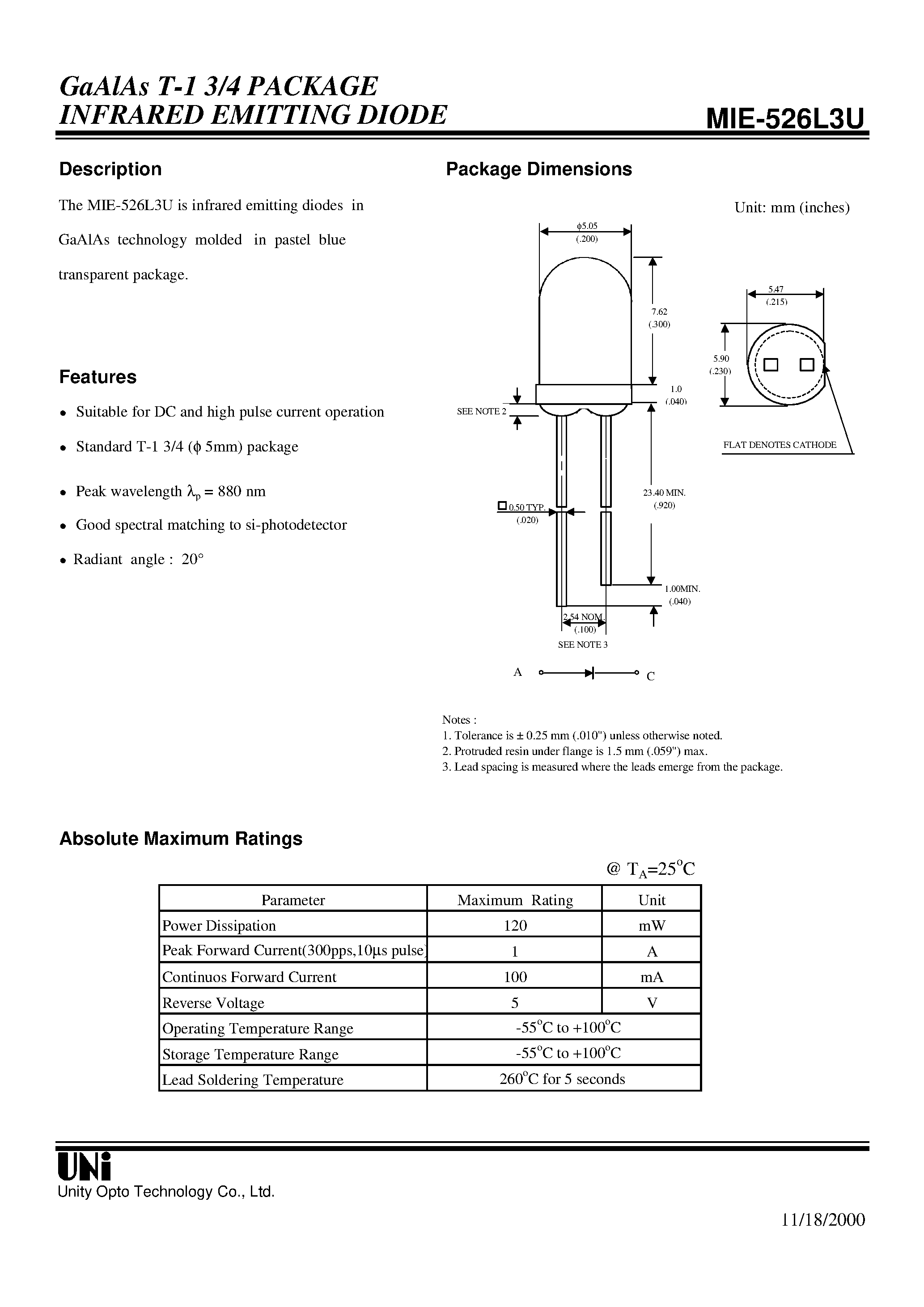 Даташит на микросхему MIE-526L3U страница 1 Даташит MIE-526L3U - GaAlAs T-1 3/4 PACKAGE INFRARED EMITTING DIODE страница 1