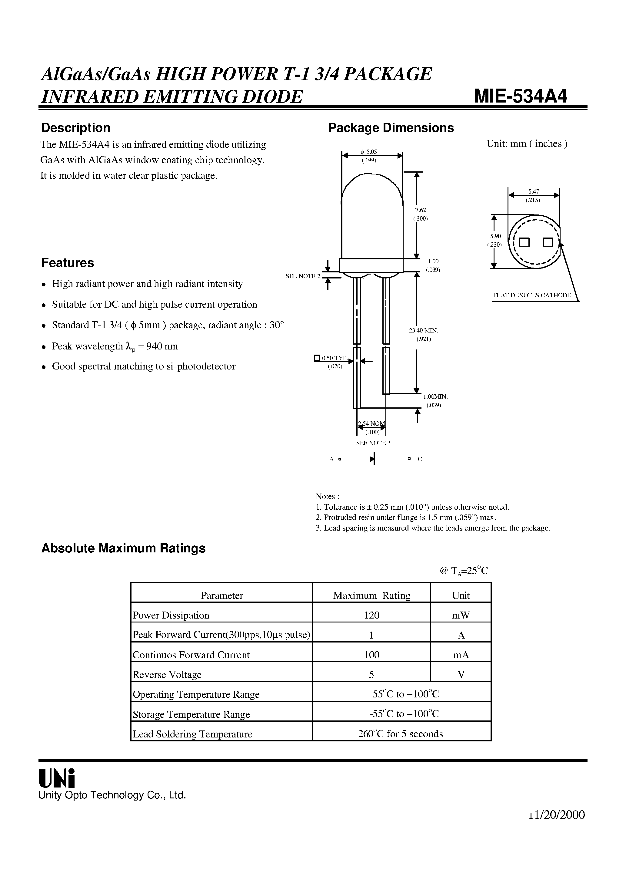 Даташит на микросхему MIE-534A4 страница 1 Даташит MIE-534A4 - AlGaAs/GaAs HIGH POWER T-1 3/4 PACKAGE INFRARED EMITTING DIODE страница 1