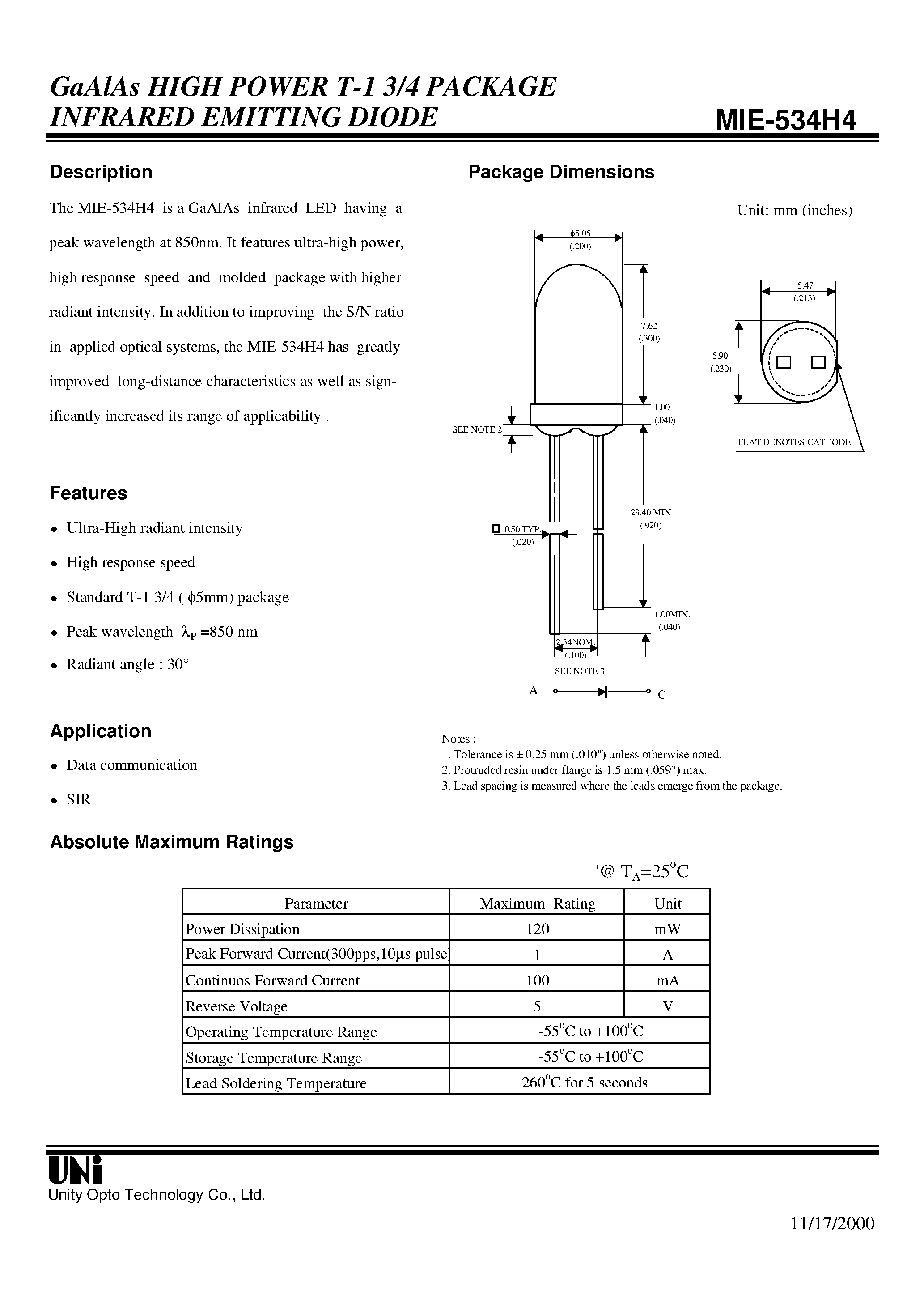 Даташит на микросхему MIE-534H4 страница 1 Даташит MIE-534H4 - GaAlAs HIGH POWER T-1 3/4 PACKAGE INFRARED EMITTING DIODE страница 1