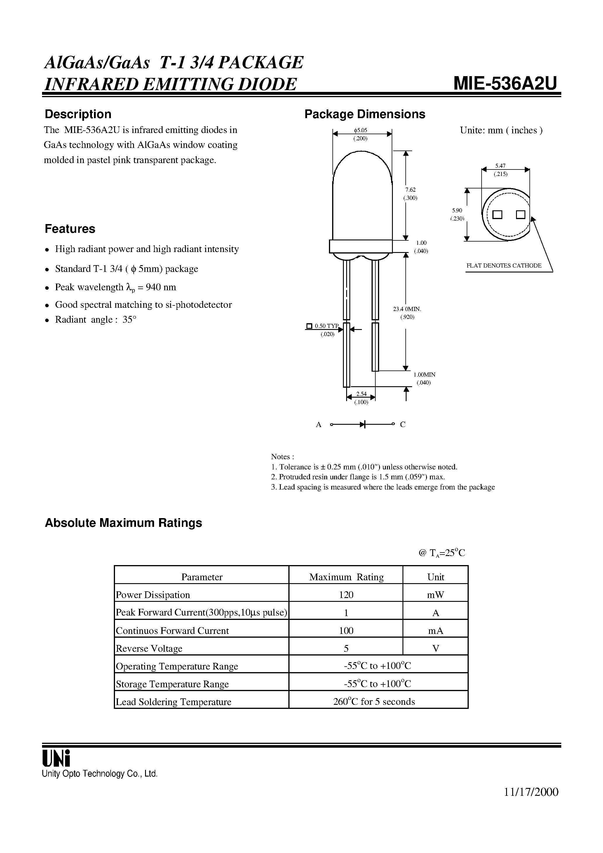 Даташит на микросхему MIE-536A2U страница 1 Даташит MIE-536A2U - AlGaAs/GaAs T-1 3/4 PACKAGE INFRARED EMITTING DIODE страница 1